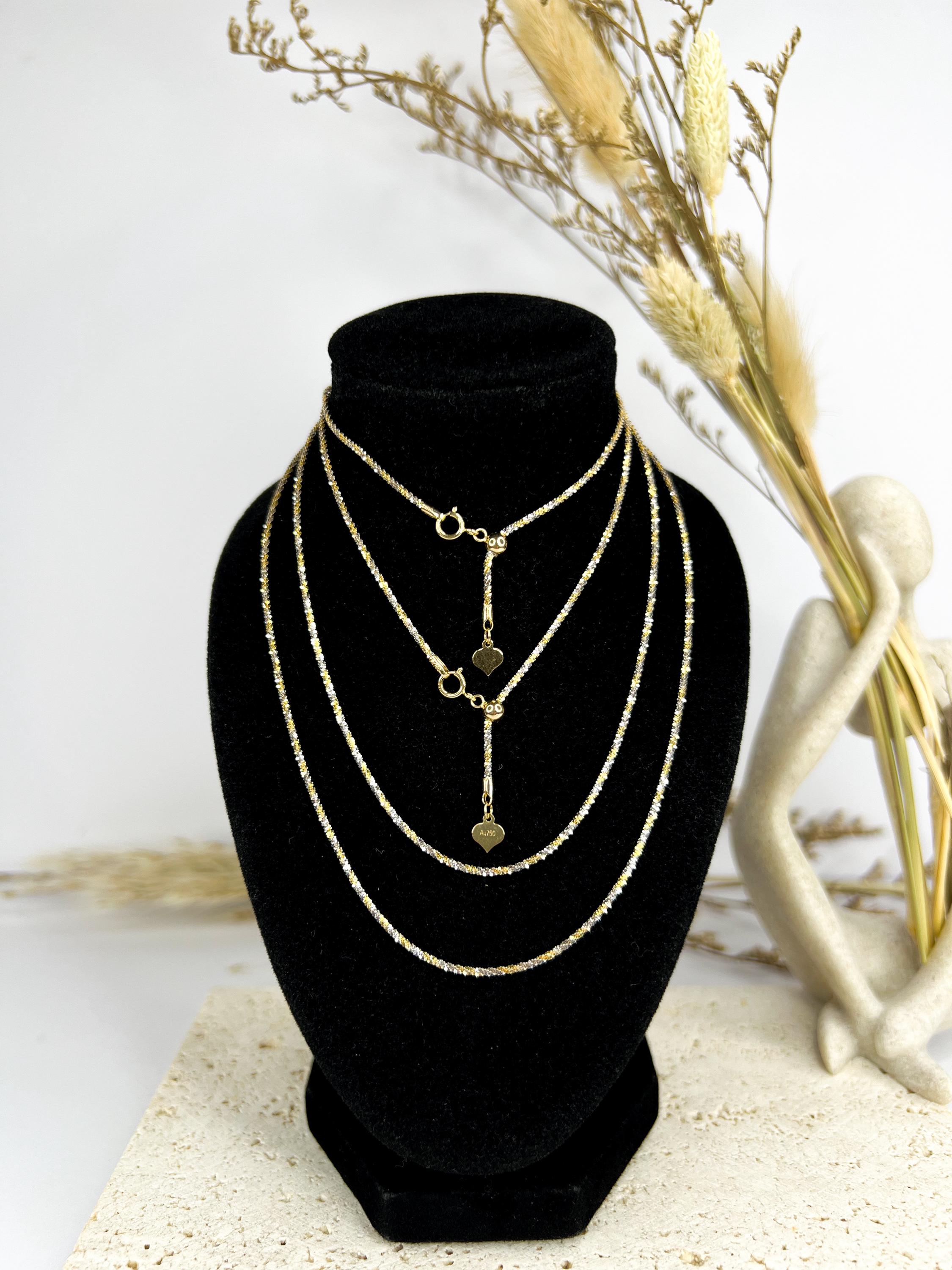 18K Solid Gold Two-Tone Sparkly Necklace, Adjustable Chain, Minimalist Layering Jewelry