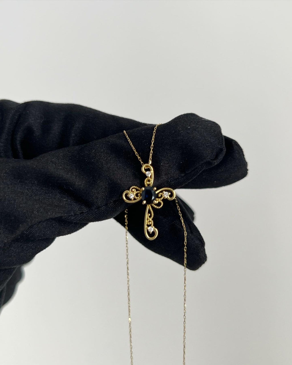 18K Solid Gold Cross Necklace, Diamond Sapphire, Dainty Religious Jewelry