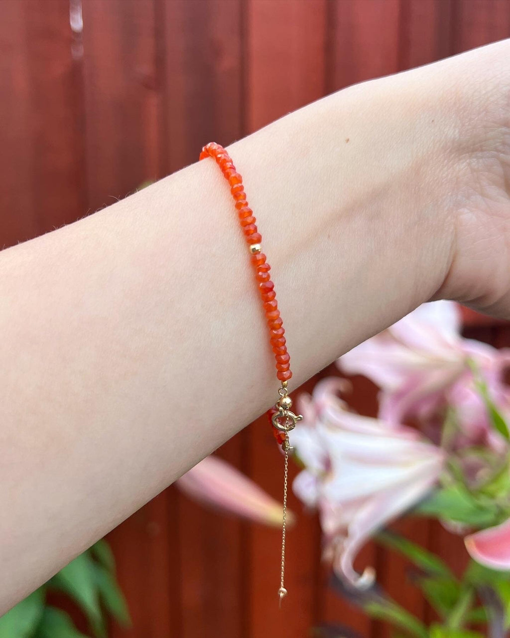 18K Gold Emerald Ruby Carnelian Beaded Bracelet, Dainty Natural Gemstone Jewelry