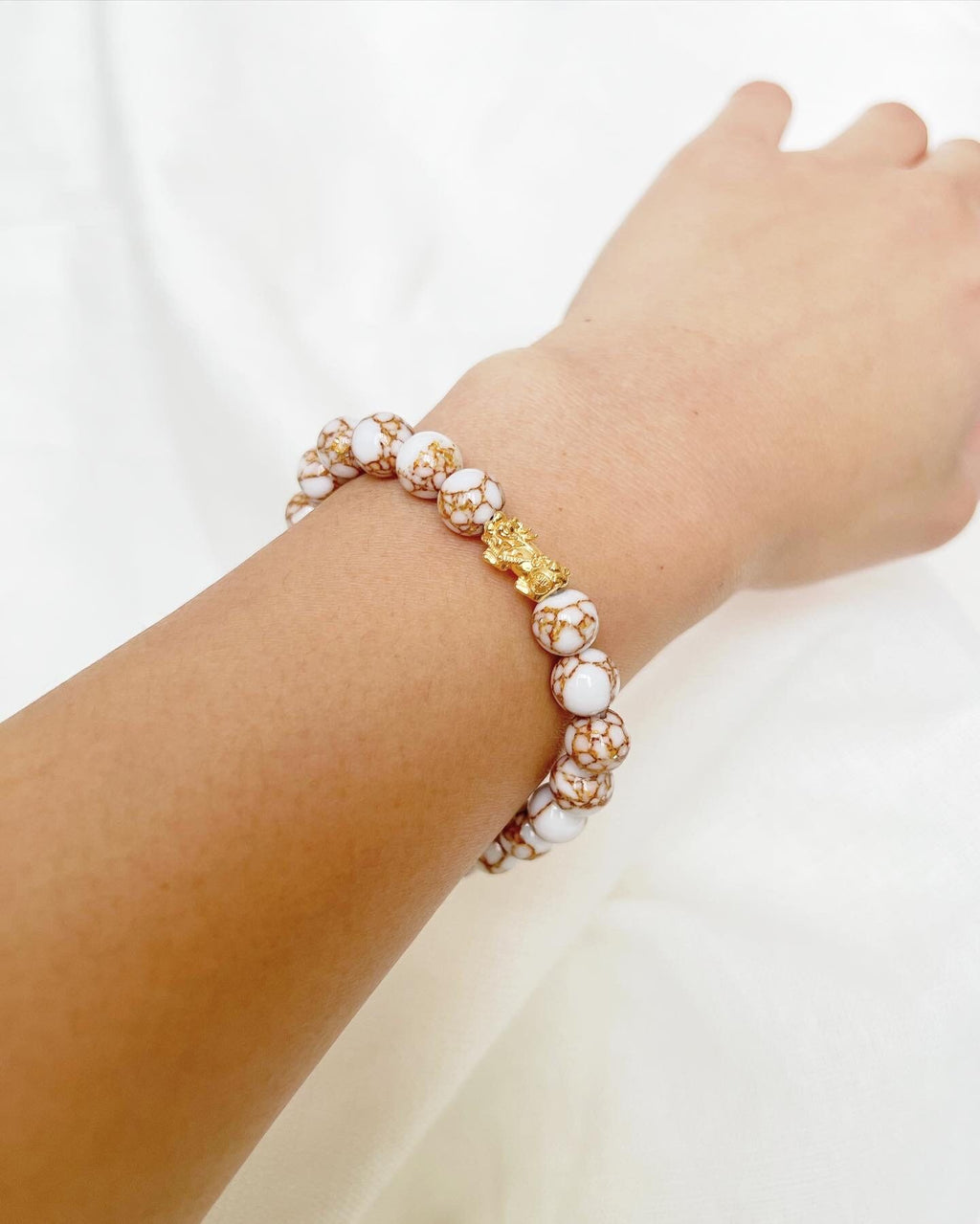 18K Gold Lucky Tiger Charm Bracelet, Jade and Marble Gemstone Beads