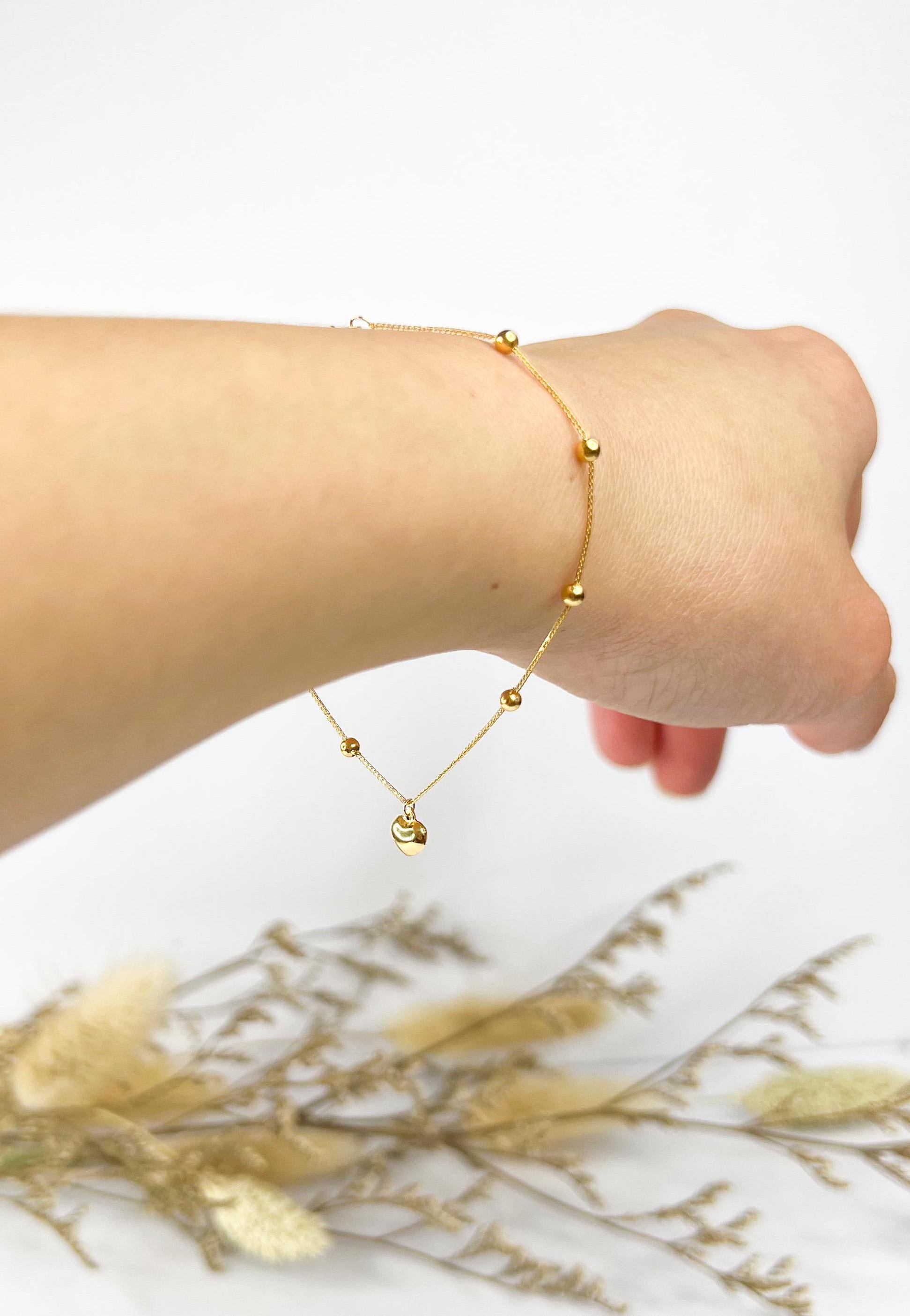 18K Solid Gold Beaded Heart Charm Bracelet, Minimalist Adjustable Jewelry