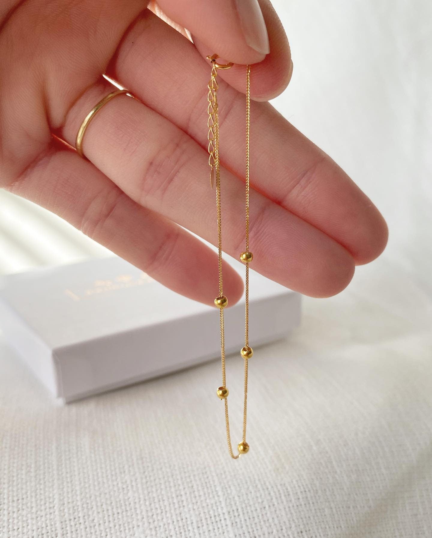 18K Solid Gold Beaded Bracelet, Minimalist Dainty Chain Jewelry, Adjustable Au750