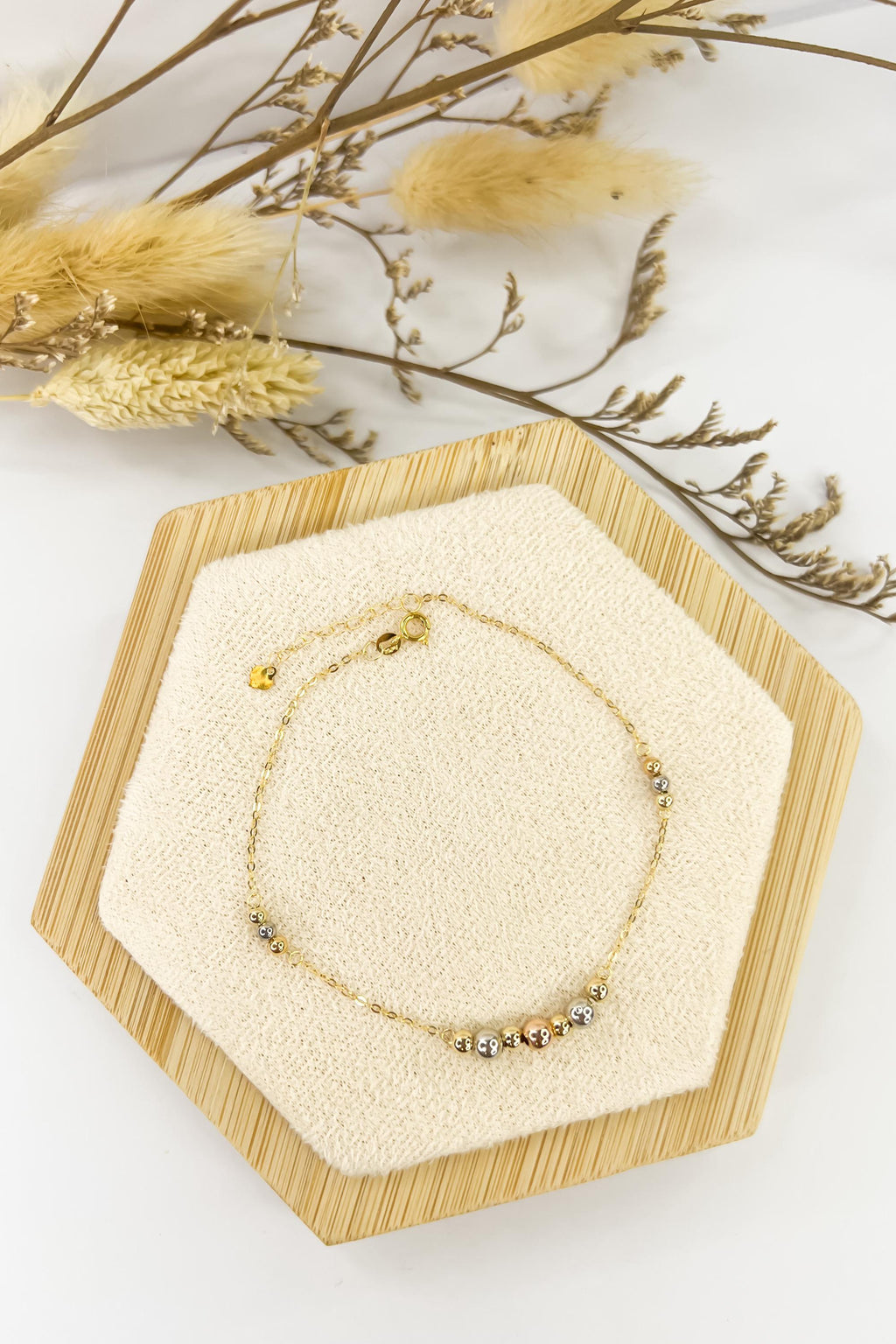 18k Solid Gold Tricolour Beaded Centre Piece Bracelet - Unique - Au750 - Yellow/White/Rose Gold - Ideal Gift for Her -Dainty - Birthday Gift