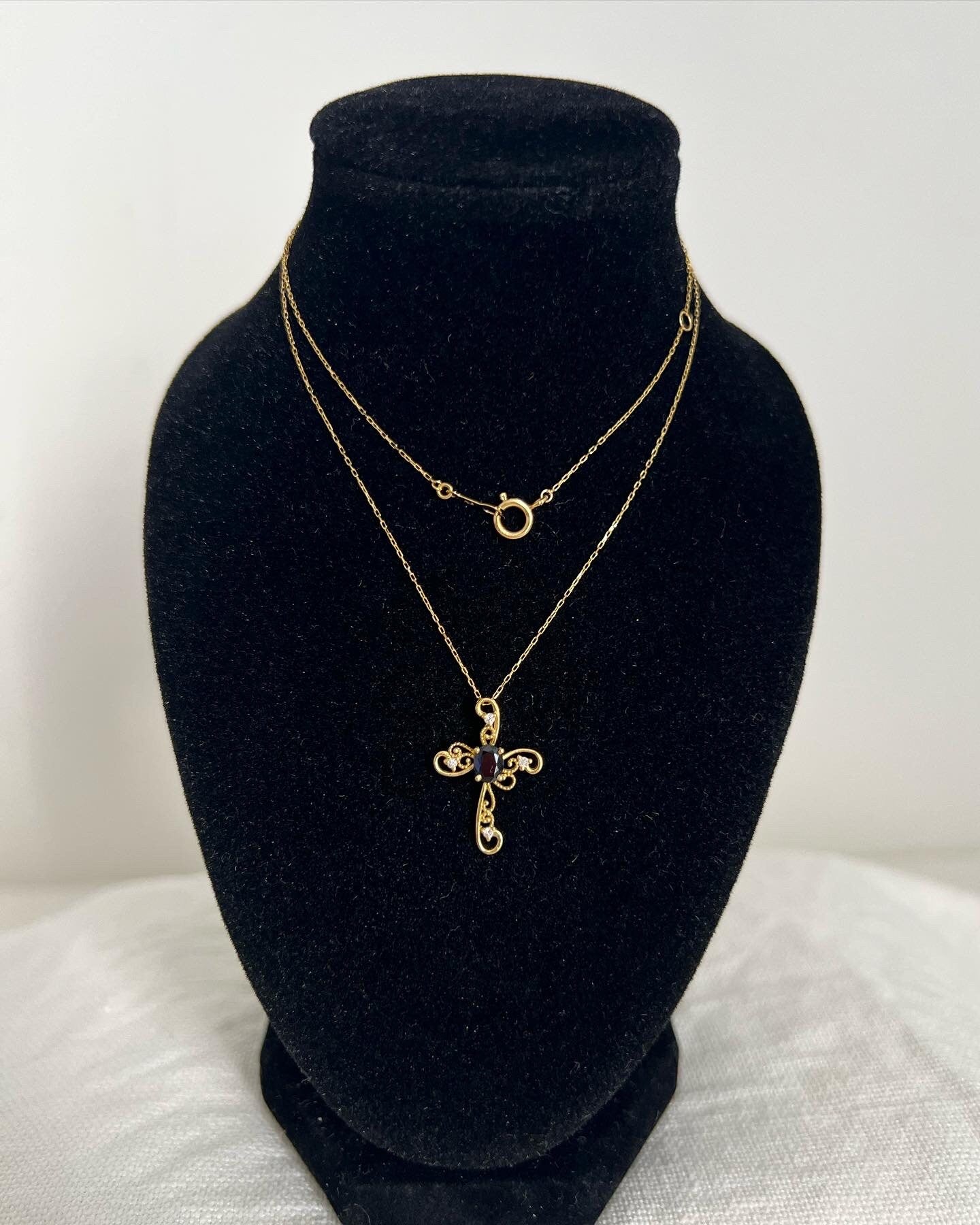 18K Solid Gold Cross Necklace, Diamond Sapphire, Dainty Religious Jewelry