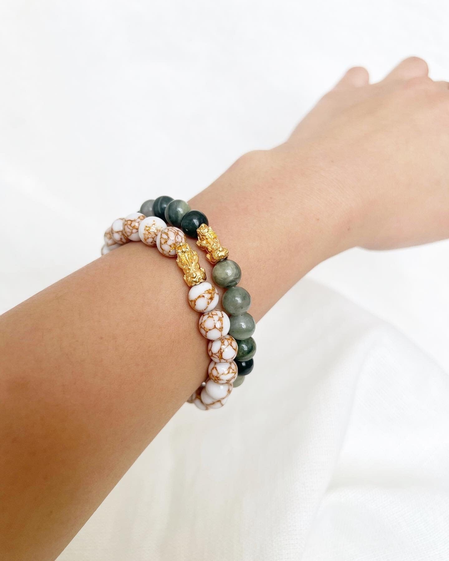 18K Gold Lucky Tiger Charm Bracelet, Jade and Marble Gemstone Beads