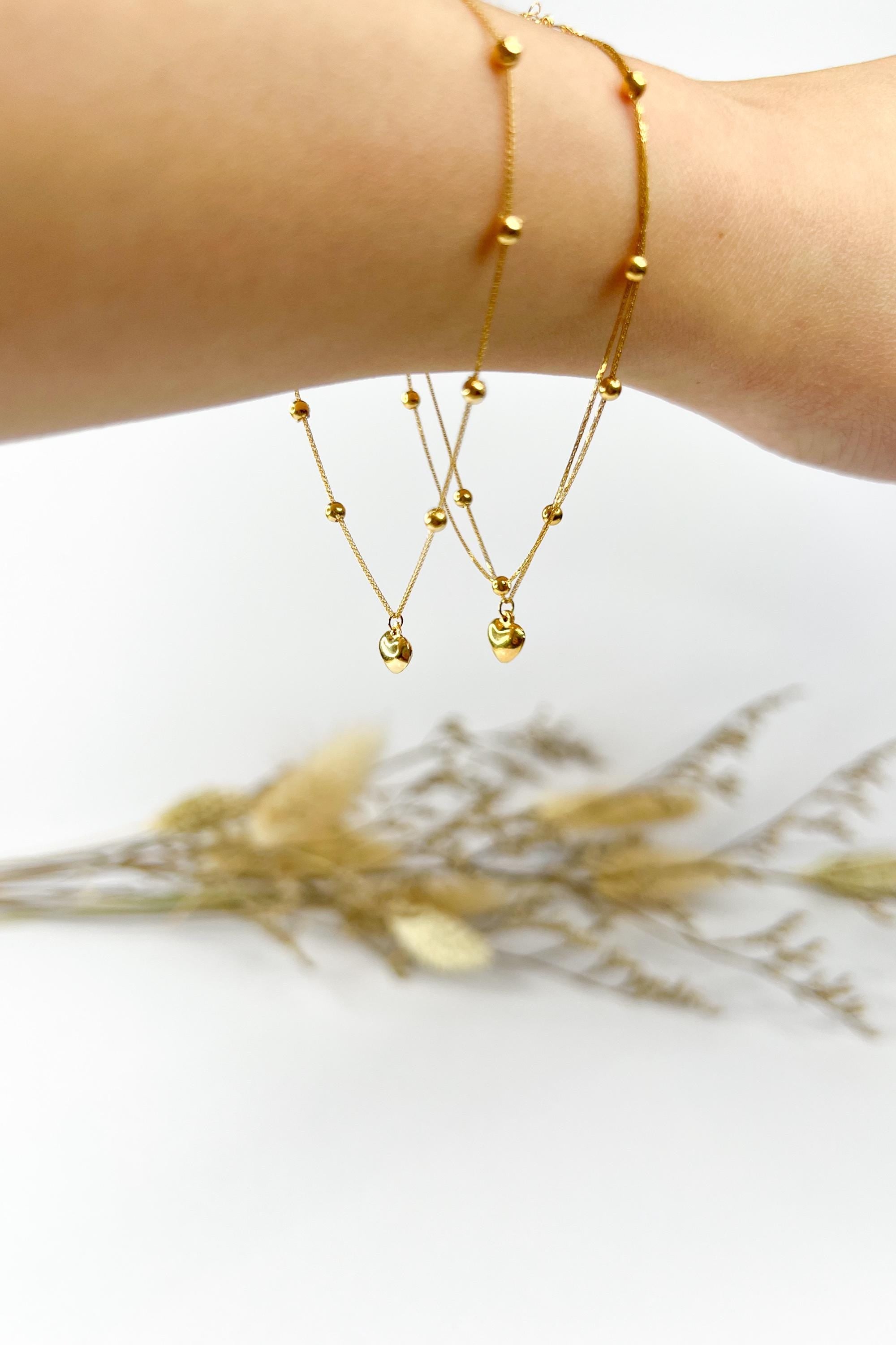 18K Solid Gold Beaded Bracelet with Heart - Double Strand Adjustable