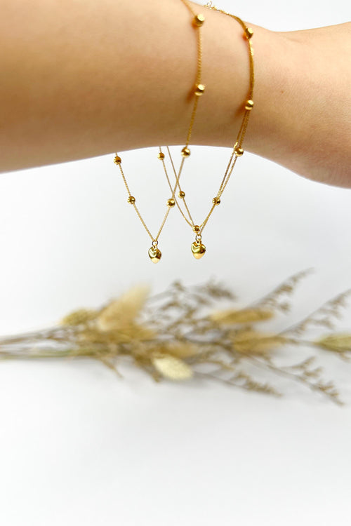18K Solid Gold Beaded Bracelet with Heart - Double Strand Adjustable