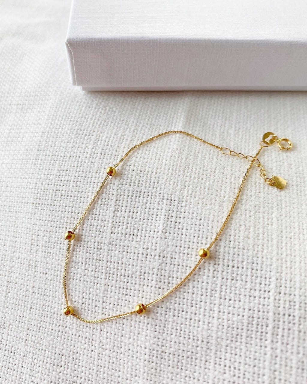 18K Solid Gold Beaded Bracelet, Minimalist Dainty Chain Jewelry, Adjustable Au750