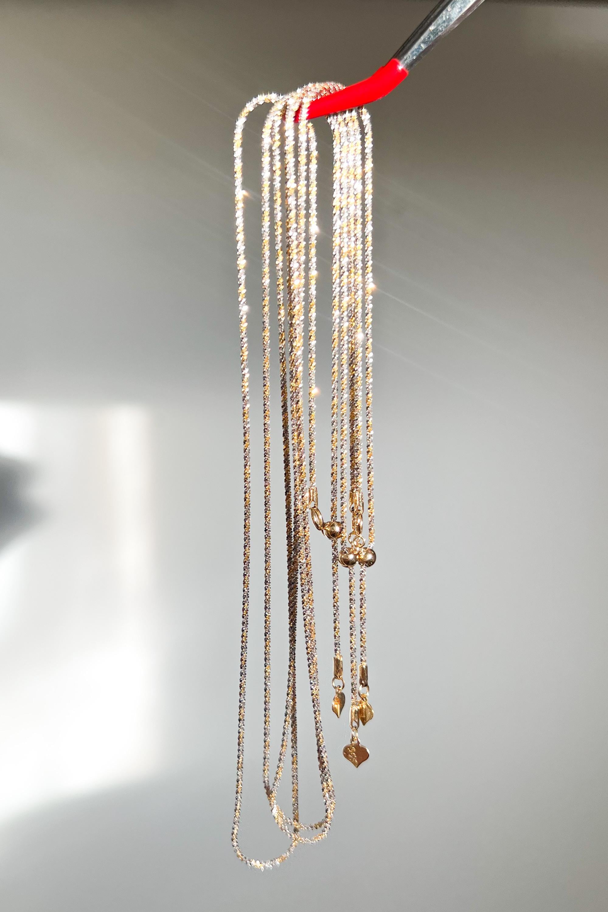 18K Solid Gold Two-Tone Sparkly Necklace, Adjustable Chain, Minimalist Layering Jewelry