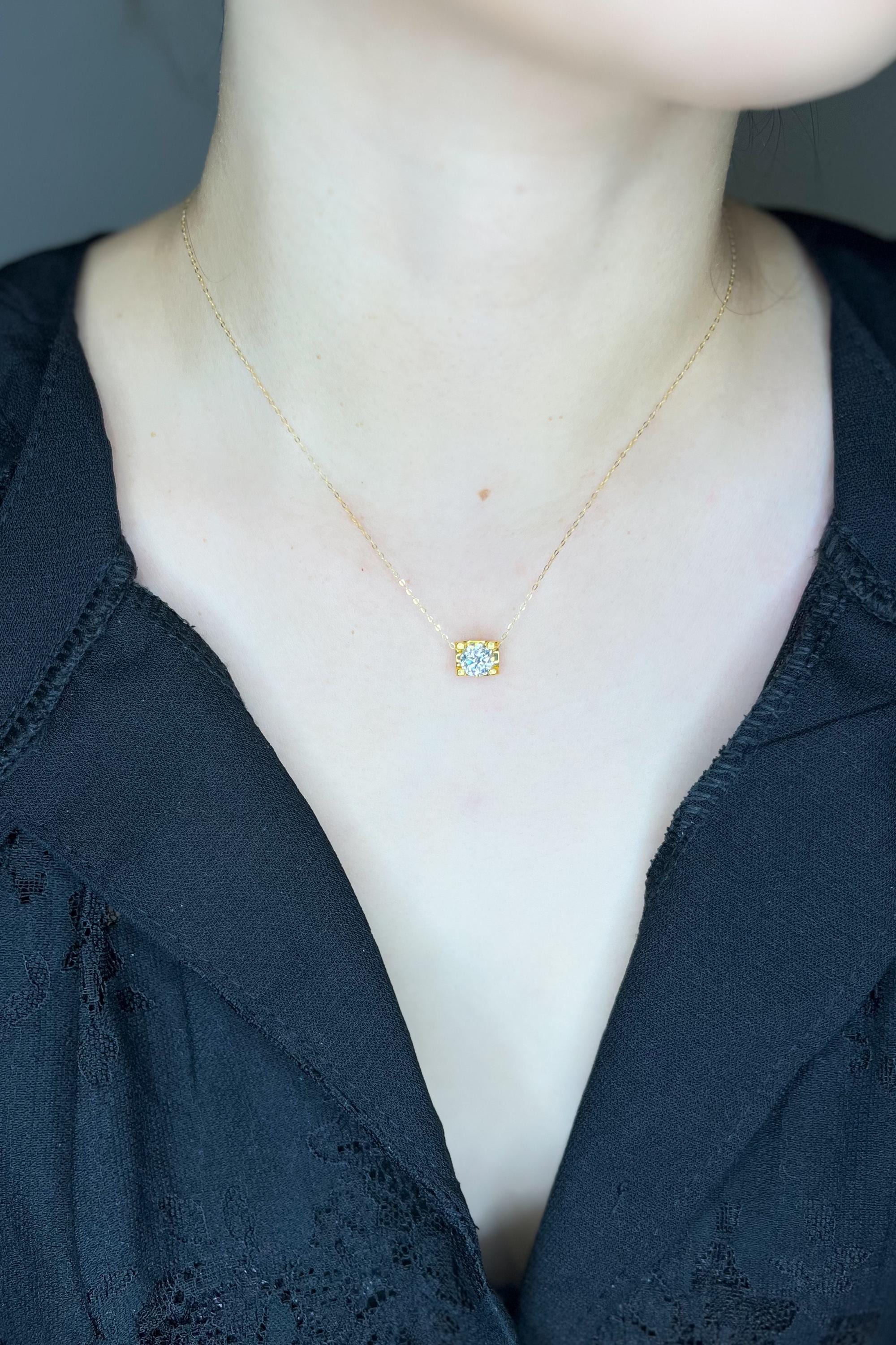 18K Solid Gold Brilliant Charm Necklace, Minimalist Dainty Chain (16-18")