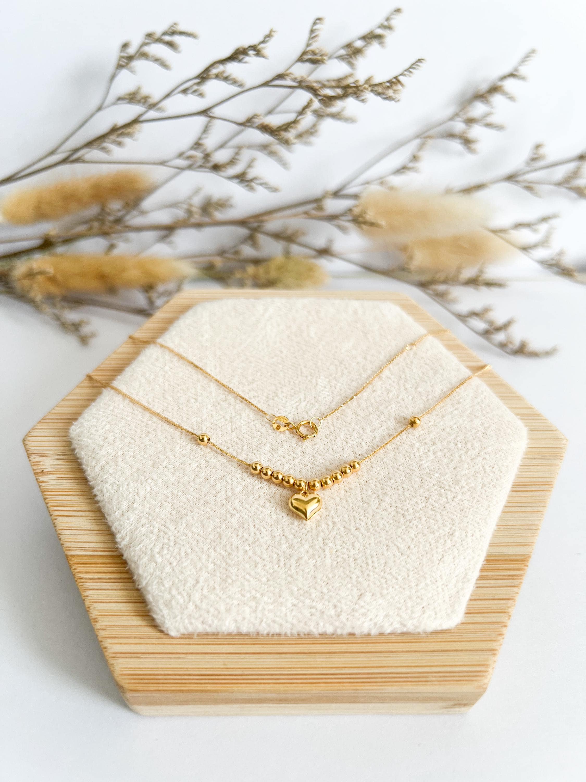 18K Solid Gold Heart Necklace, Beaded Chain, Non- Adjustable Length, Au750 Hallmark