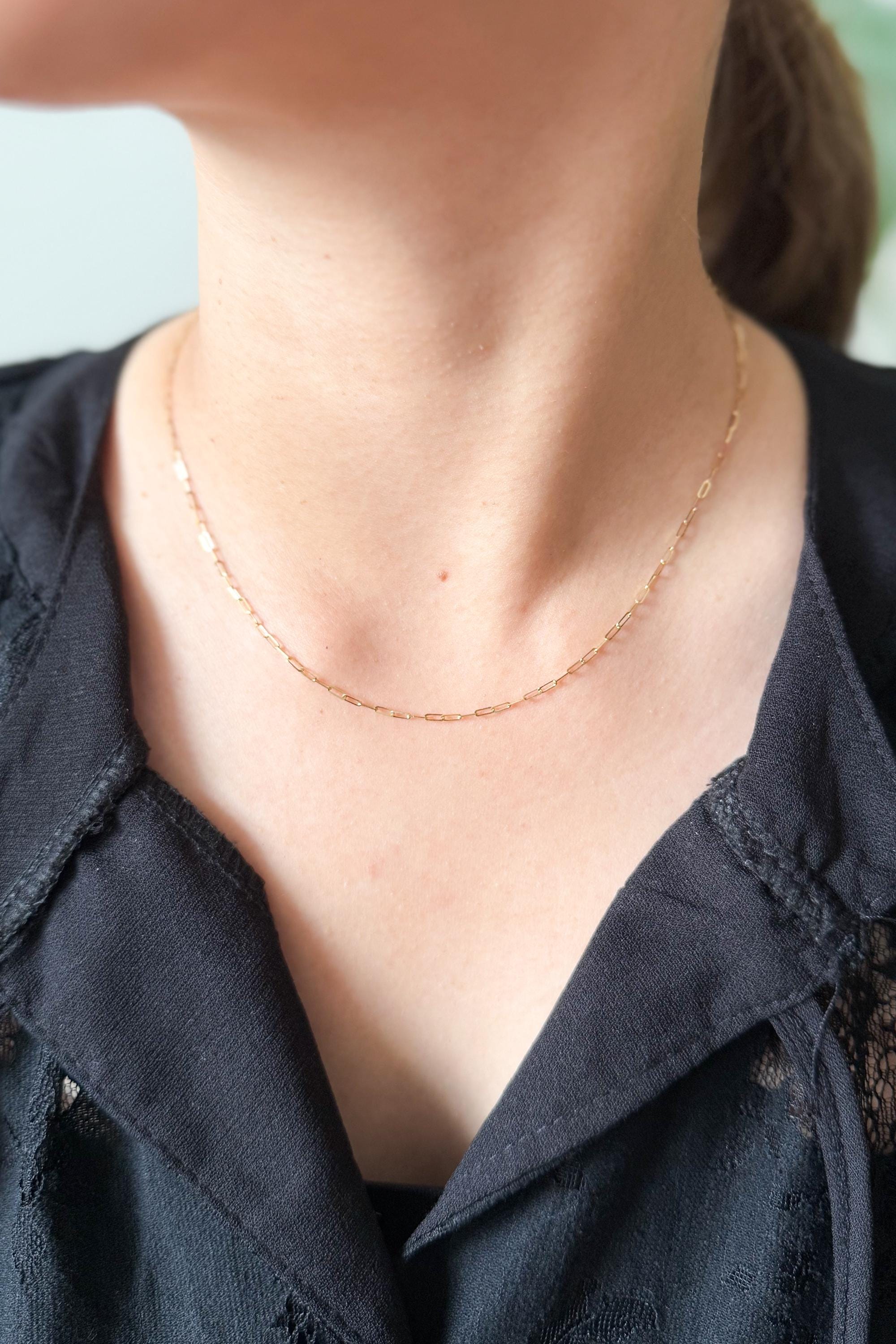 18K Solid Gold Paperclip Chain Necklace, Minimalist Dainty Layering Jewelry