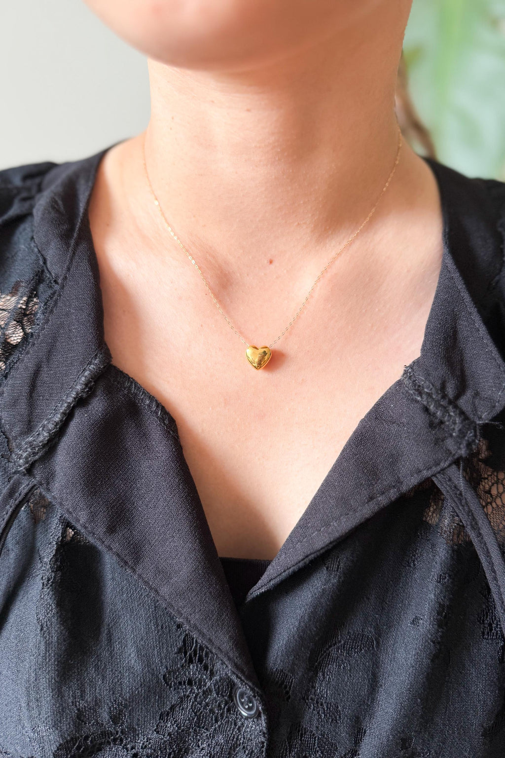 18K Solid Gold Heart Necklace, Floral Charm, Adjustable 16-18 Inch, Minimalist Jewelry