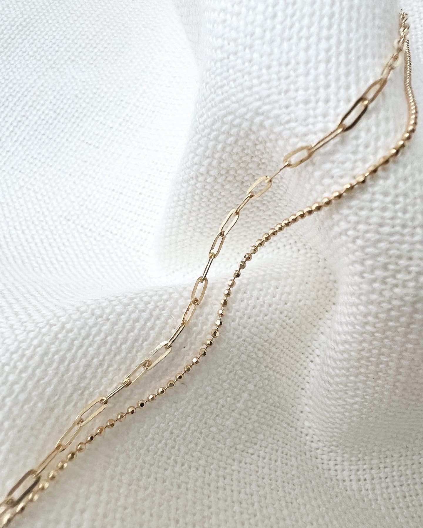 18K Solid Gold Double Strand Paperclip Beaded Bracelet, Dainty Layered Minimalist Jewelry