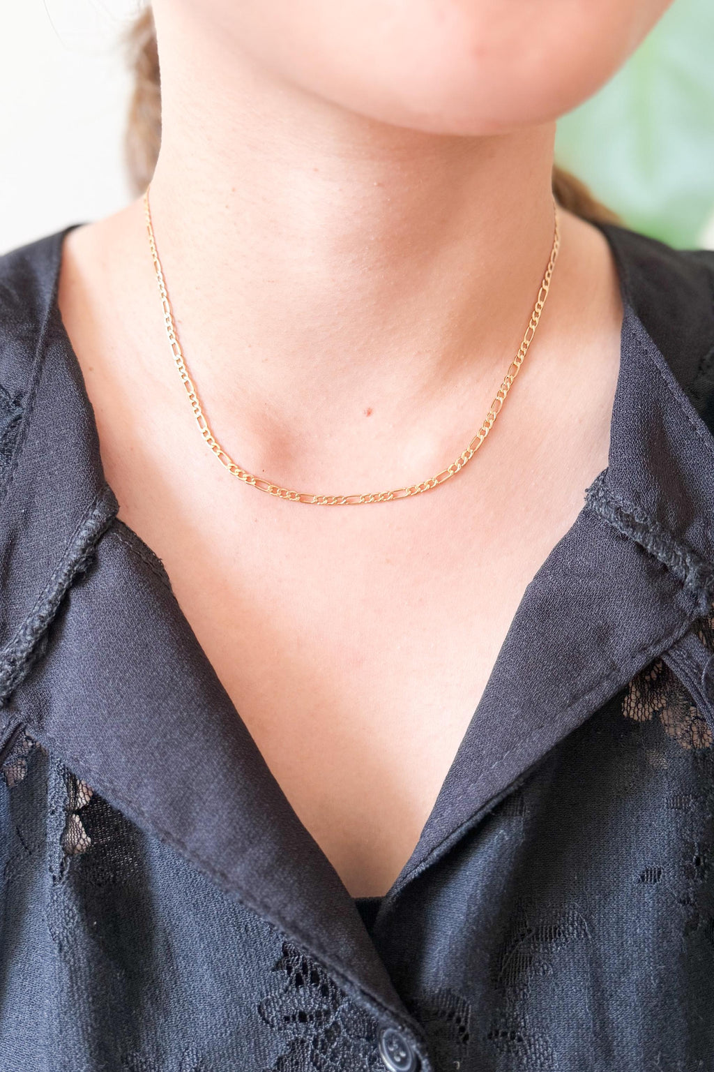 18K Solid Gold Figaro Necklace Chain, Minimalist Jewelry, Adjustable Length
