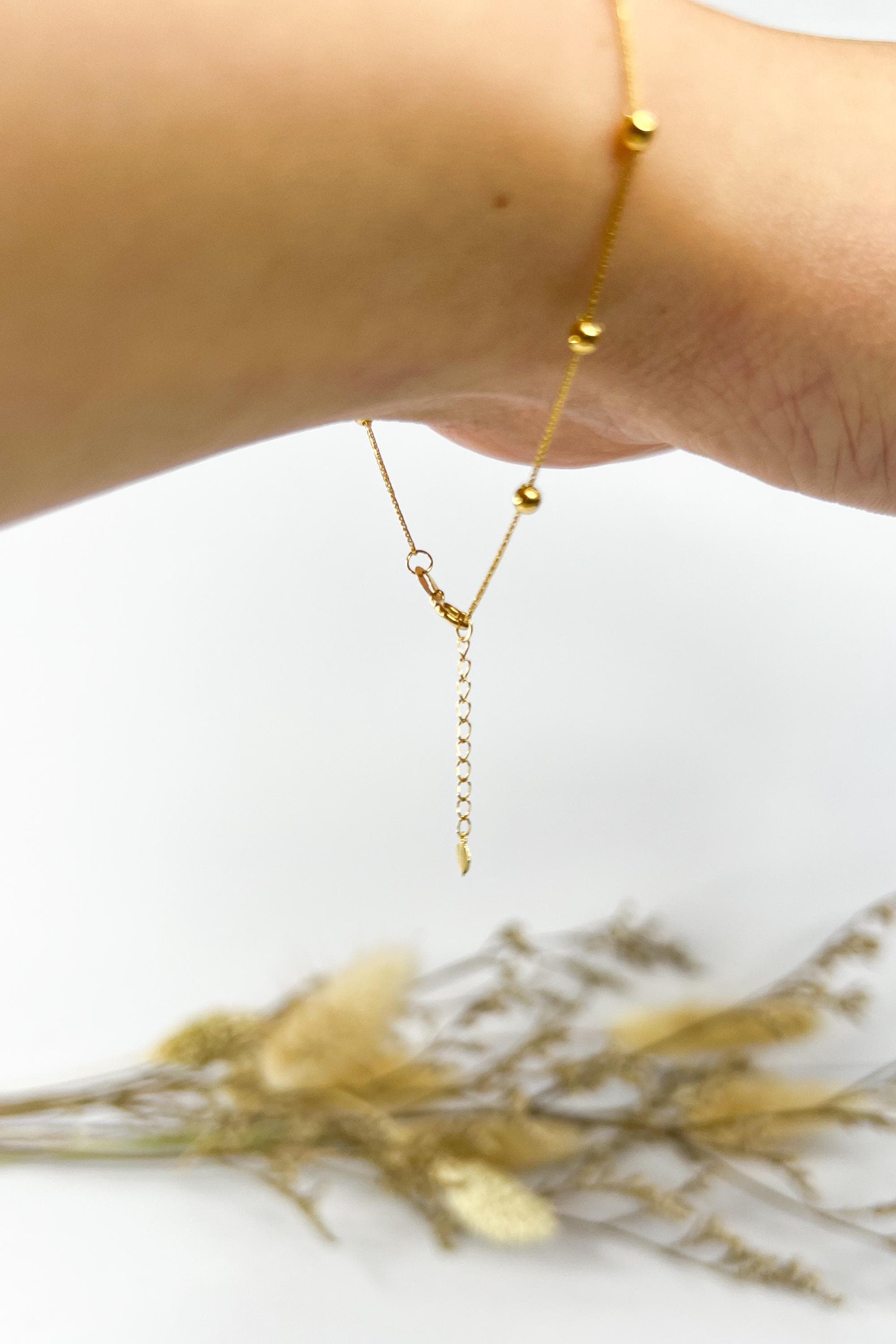 18K Solid Gold Beaded Heart Charm Bracelet, Minimalist Adjustable Jewelry