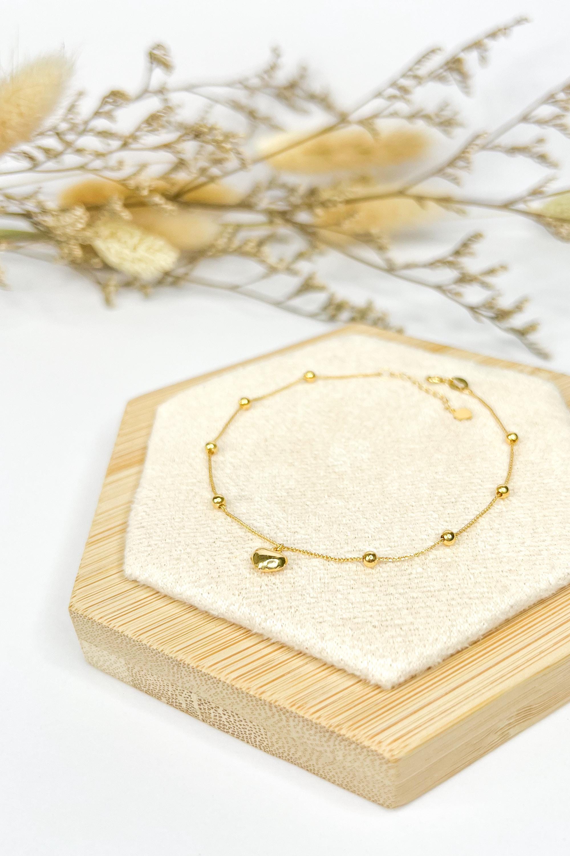 18K Solid Gold Beaded Heart Charm Bracelet, Minimalist Adjustable Jewelry