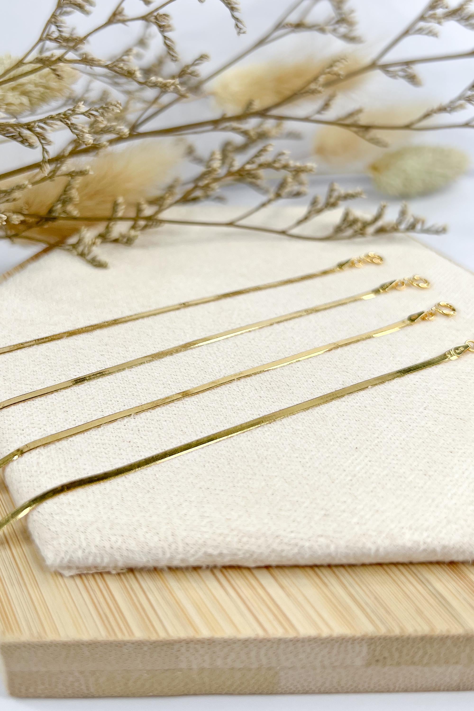 18K Solid Gold Herringbone Bracelet, Petite Flat Dainty Adjustable Jewelry