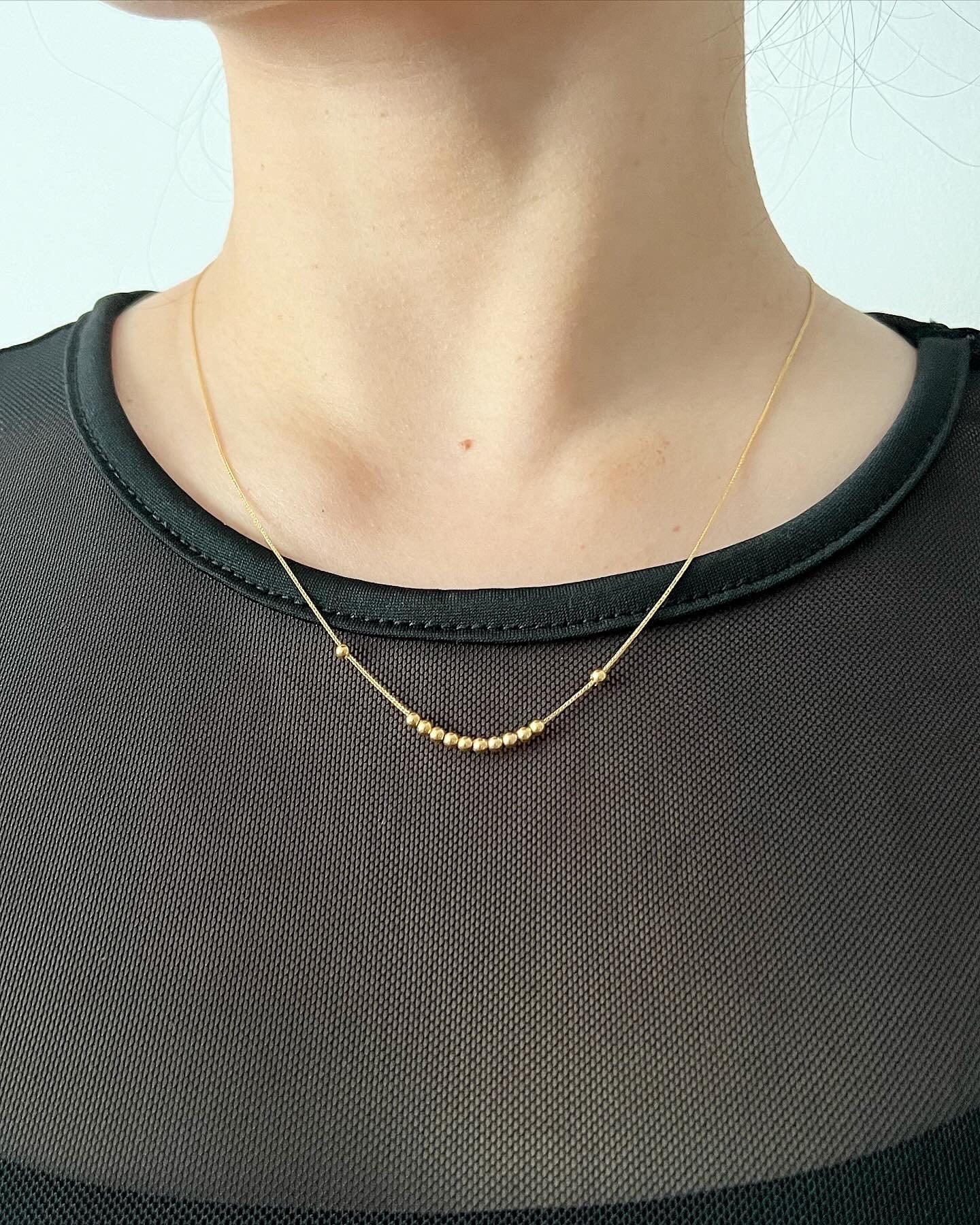 18K Yellow Gold Running Beads Necklace, Minimalist Dainty Chain, Solid Gold Jewelry