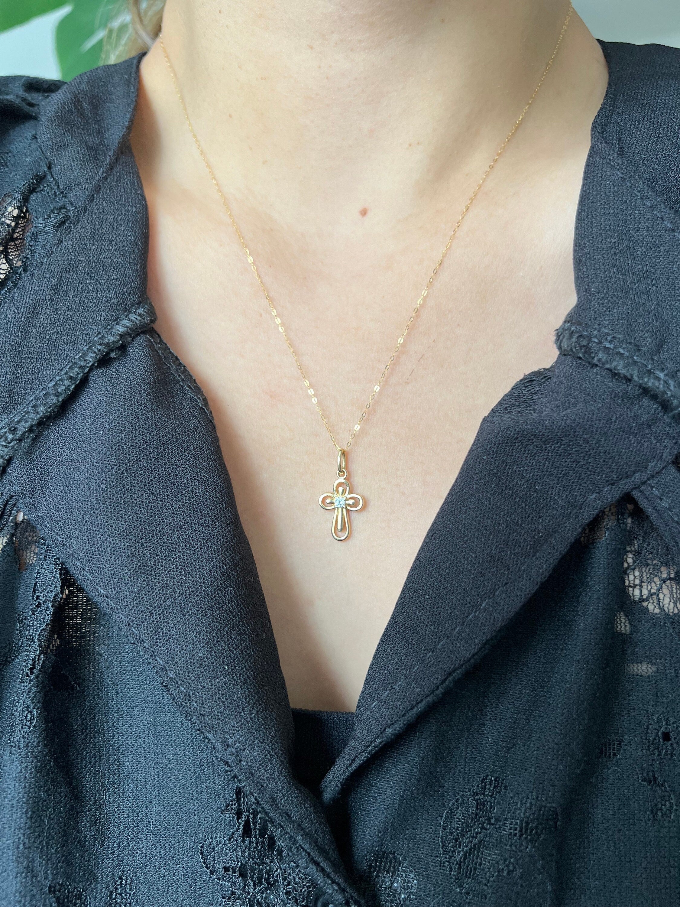 18K Solid Gold Cross Pendant, Minimalist Faith Jewelry, Dainty Religious Necklace