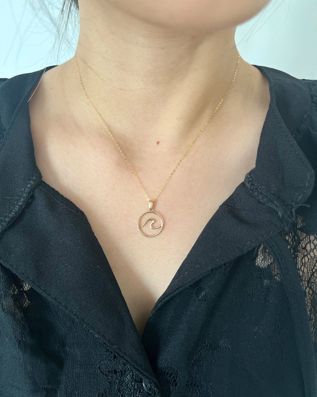 18K Solid Gold Wave Pendant Necklace, Minimalist Beach Jewelry, 15mm Dainty Charm