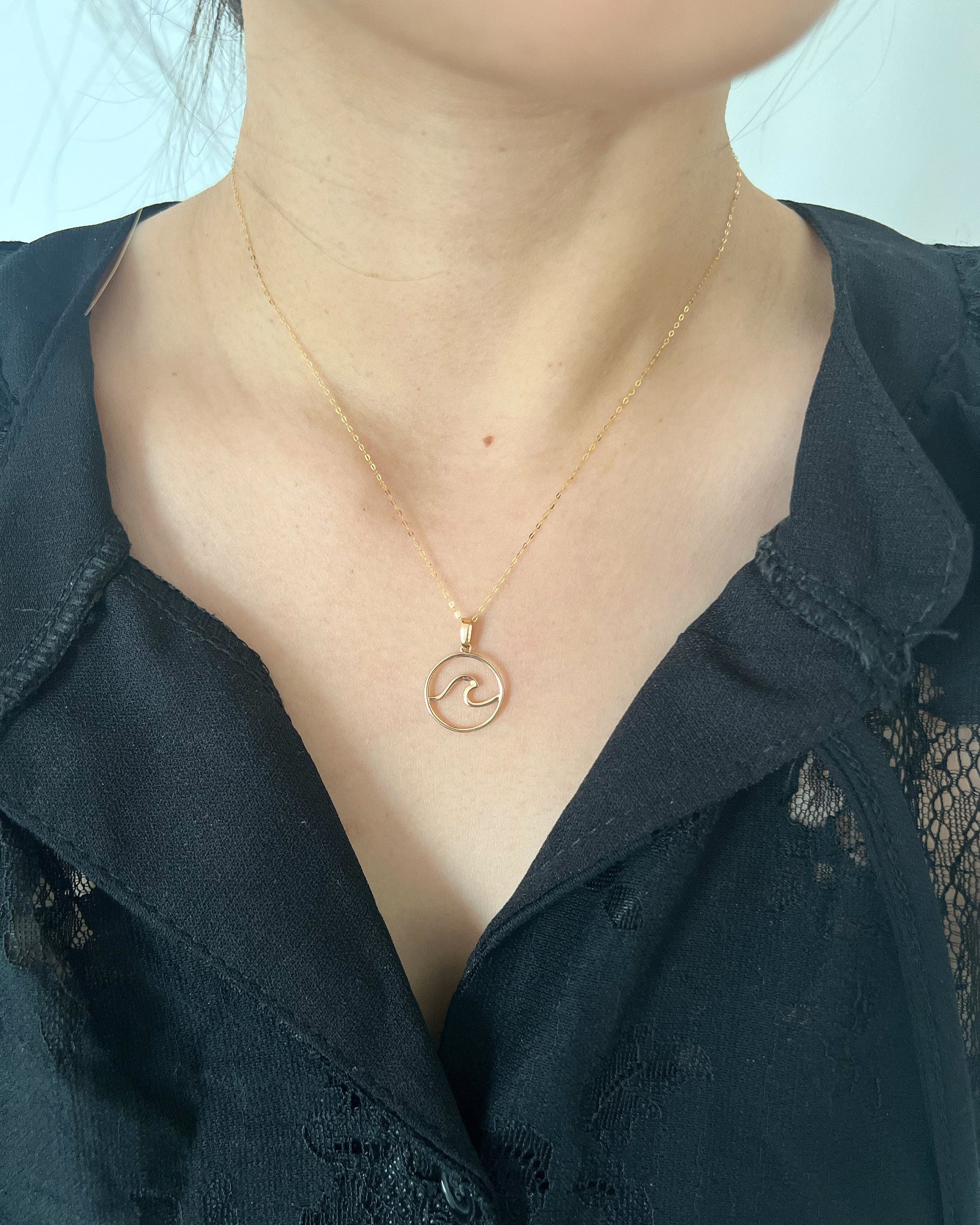 18K Solid Gold Wave Pendant Necklace, Minimalist Beach Jewelry, 15mm Dainty Charm