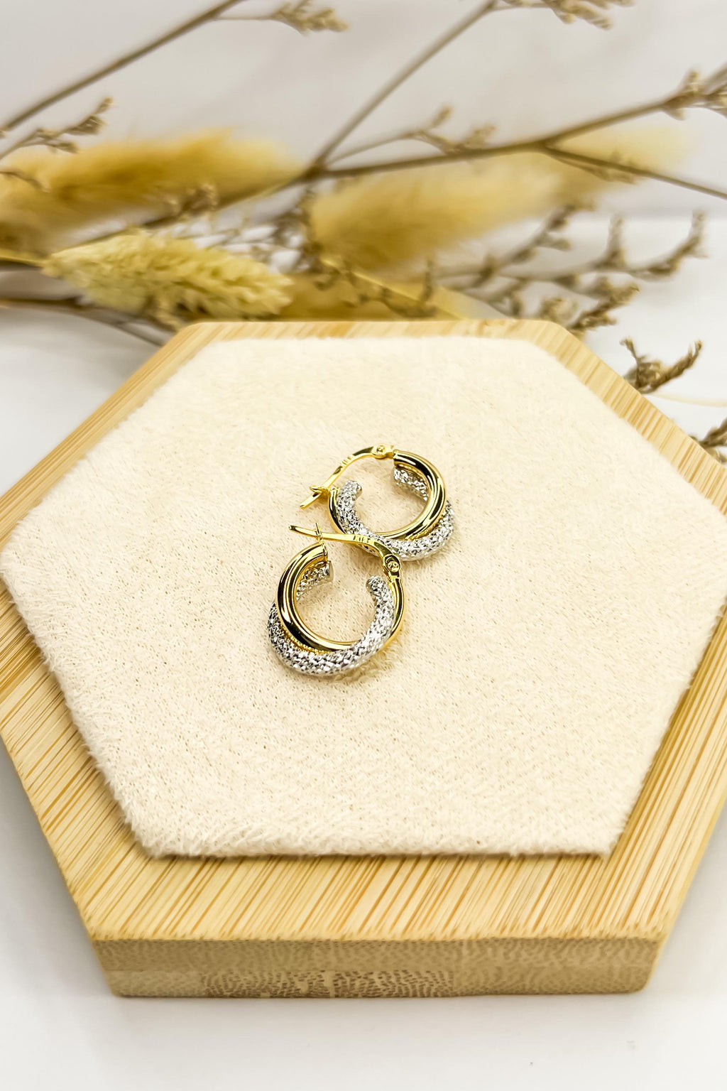 18K Solid Gold Two-Tone Hoop Earrings - Unique - Au750 - 15mm  Birthday Gift - Christmas Gift - Gift for Her - Bestseller Gift