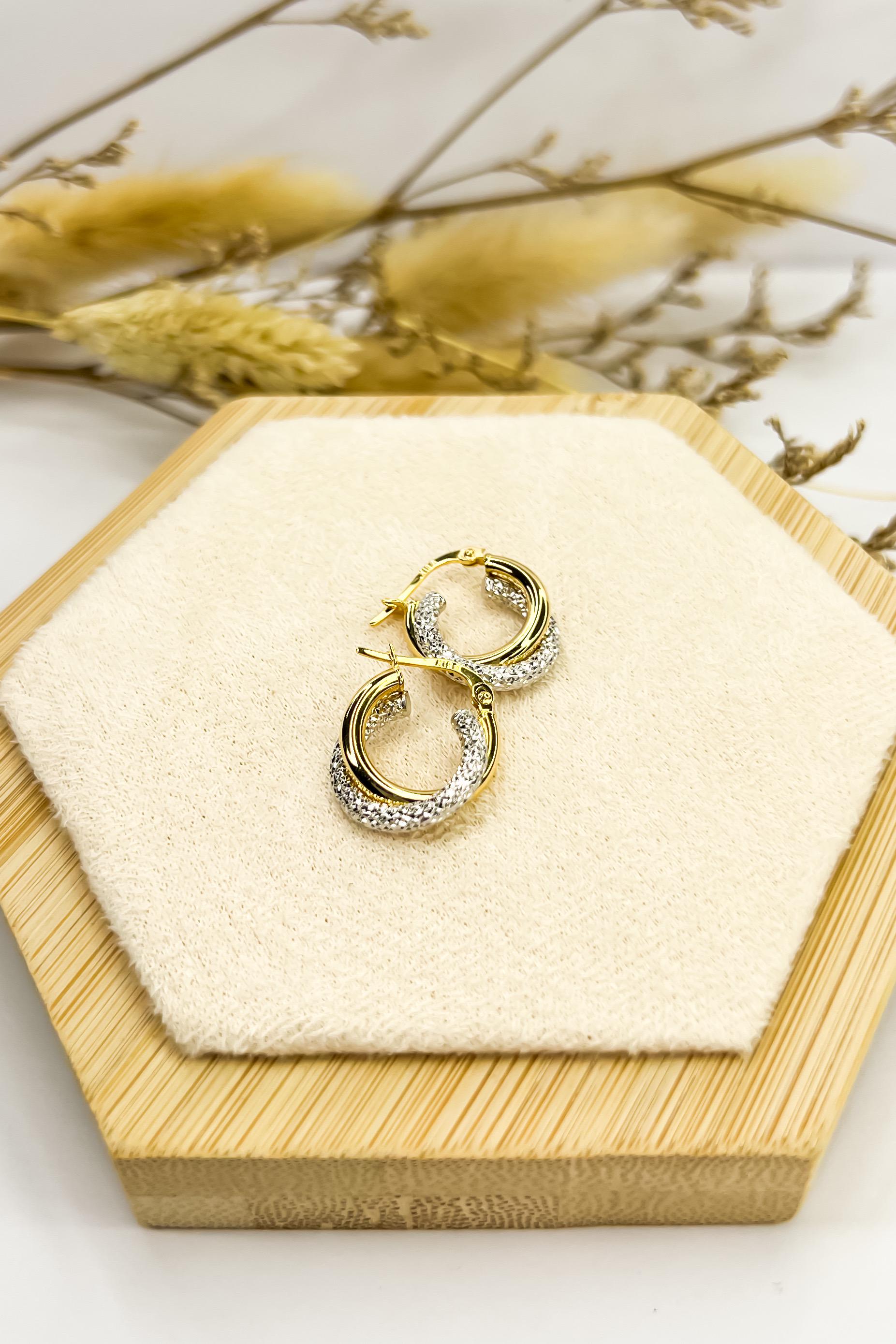 18K Solid Gold Two-Tone Hoop Earrings - Unique - Au750 - 15mm  Birthday Gift - Christmas Gift - Gift for Her - Bestseller Gift