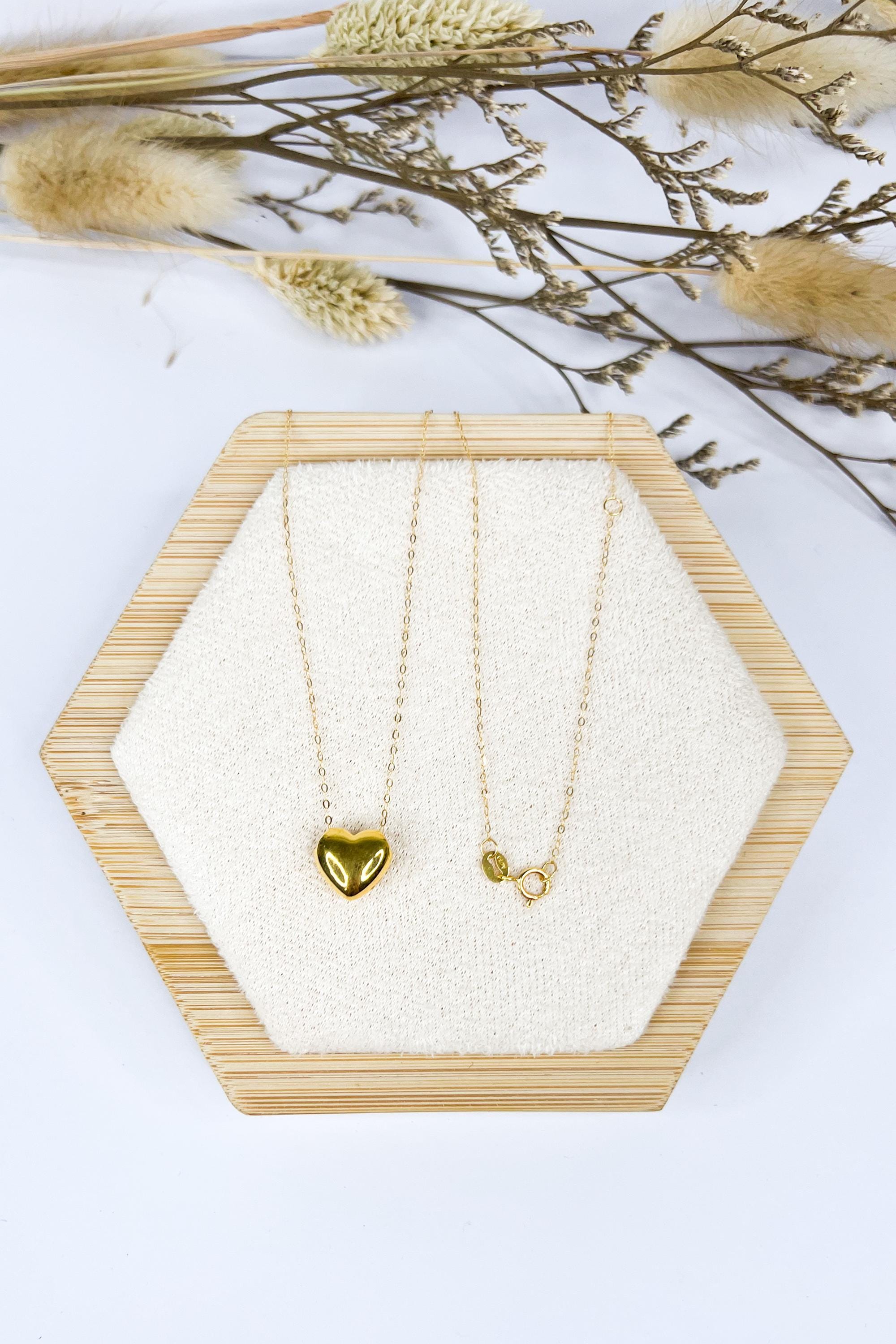 18K Solid Gold Heart Necklace, Floral Charm, Adjustable 16-18 Inch, Minimalist Jewelry