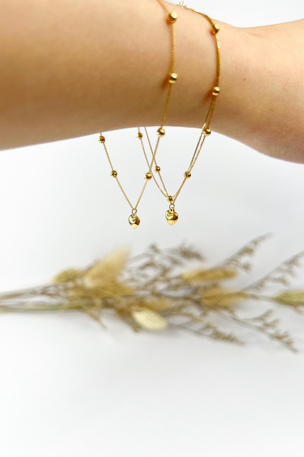 18K Solid Gold Beaded Heart Charm Bracelet, Minimalist Adjustable Jewelry