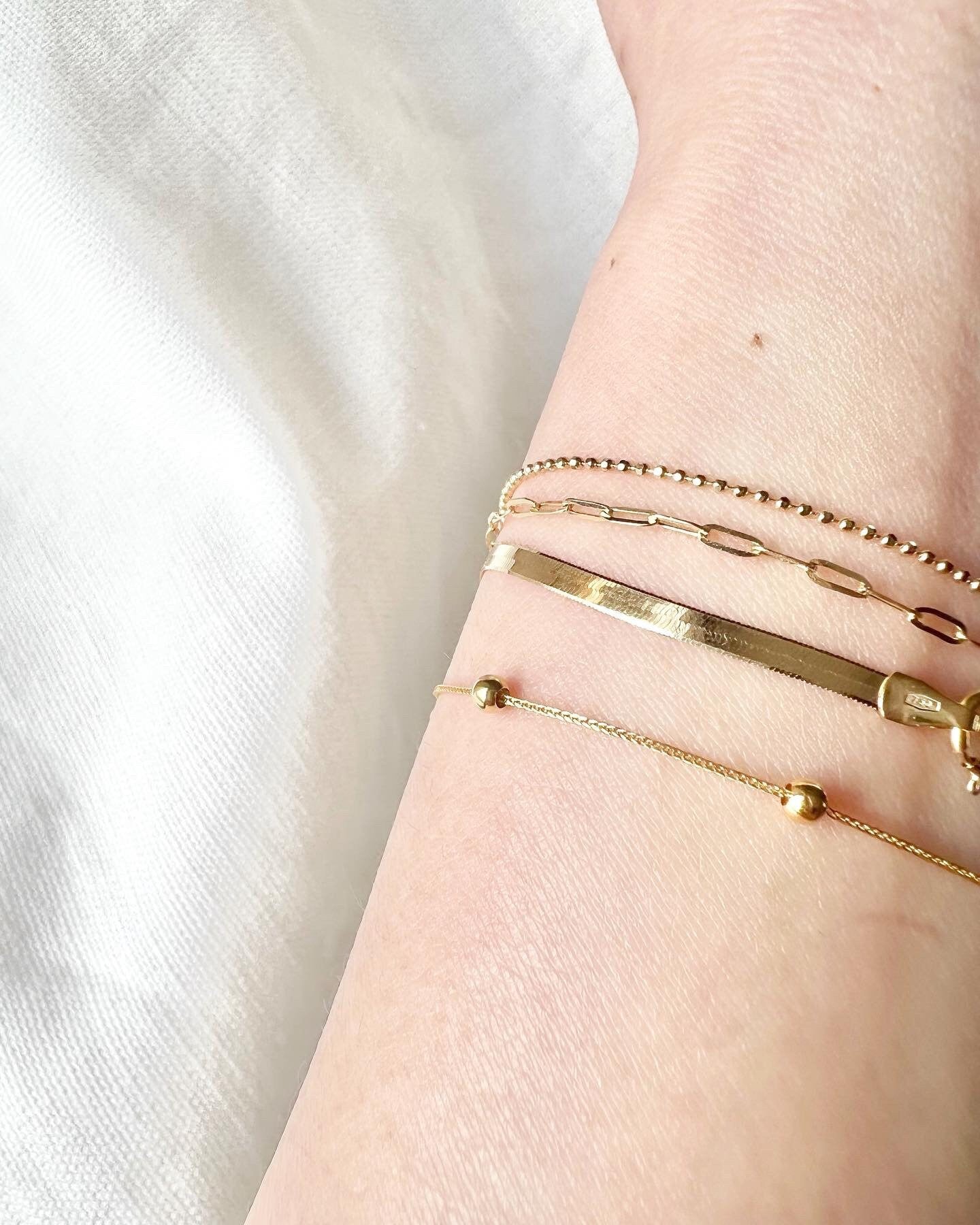 18K Solid Gold Double Strand Paperclip Beaded Bracelet, Dainty Layered Minimalist Jewelry