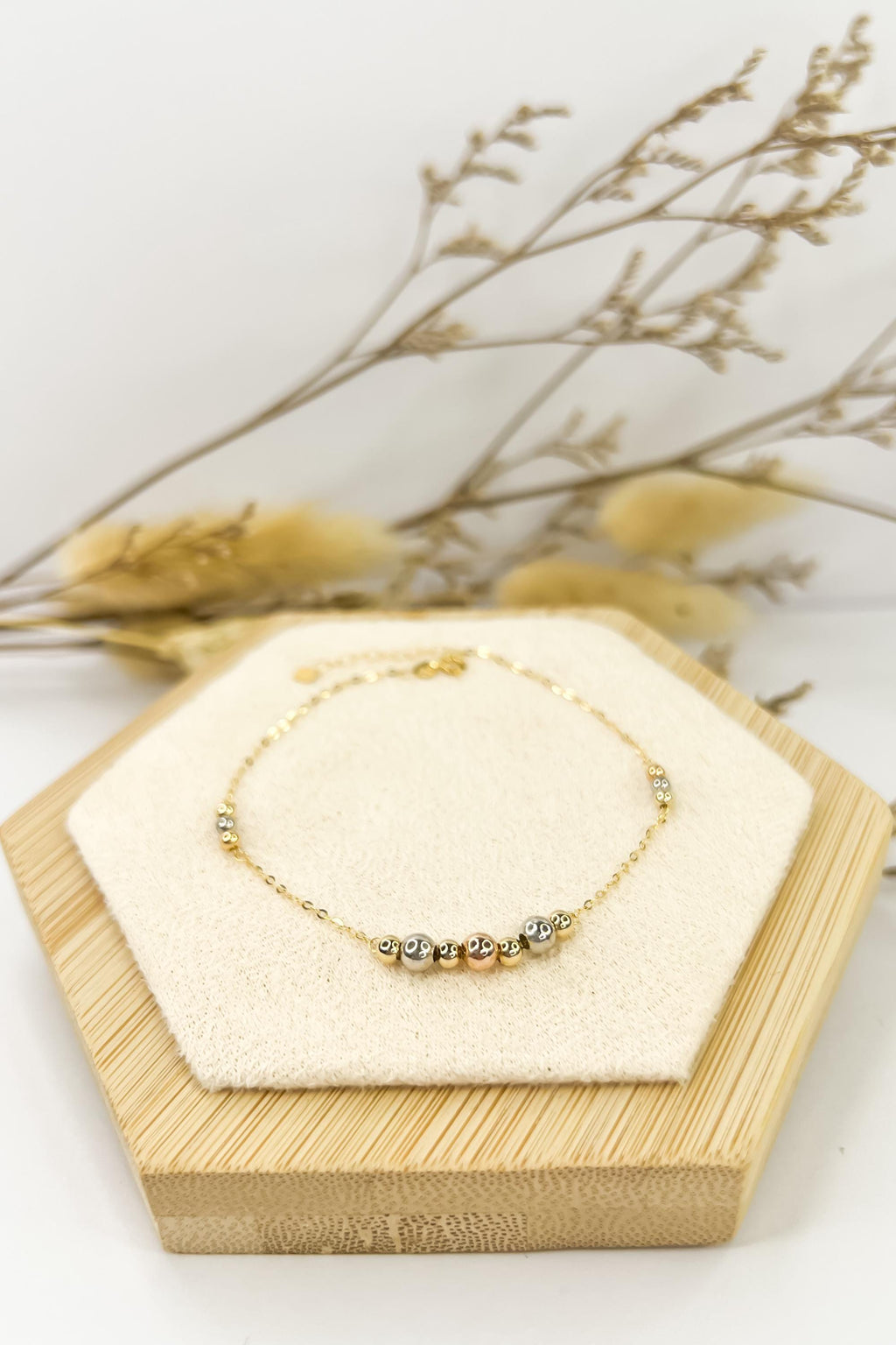 18k Solid Gold Tricolour Beaded Centre Piece Bracelet - Unique - Au750 - Yellow/White/Rose Gold - Ideal Gift for Her -Dainty - Birthday Gift