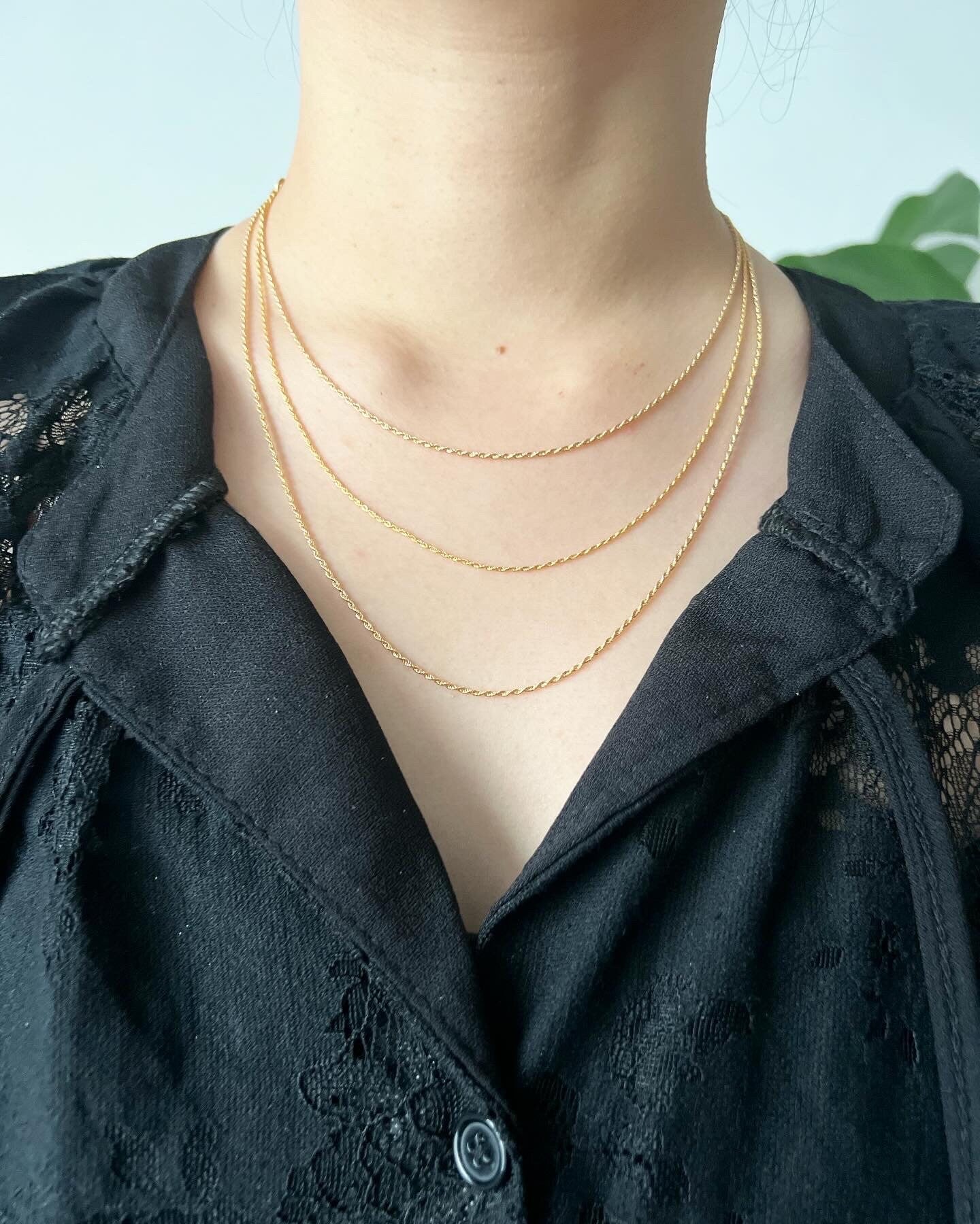 18K Solid Gold Twisted Rope Chain Necklace, 1.0-2.0mm, Minimalist Layering Jewelry