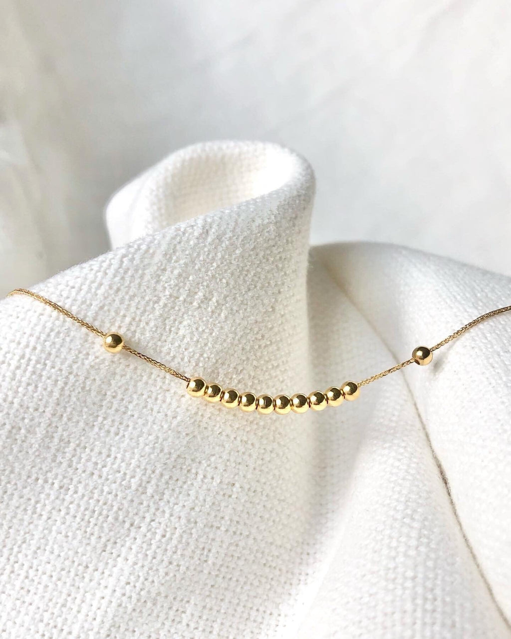 18K Solid Gold Running Beads Bracelet, Dainty Adjustable Minimalist Jewelry