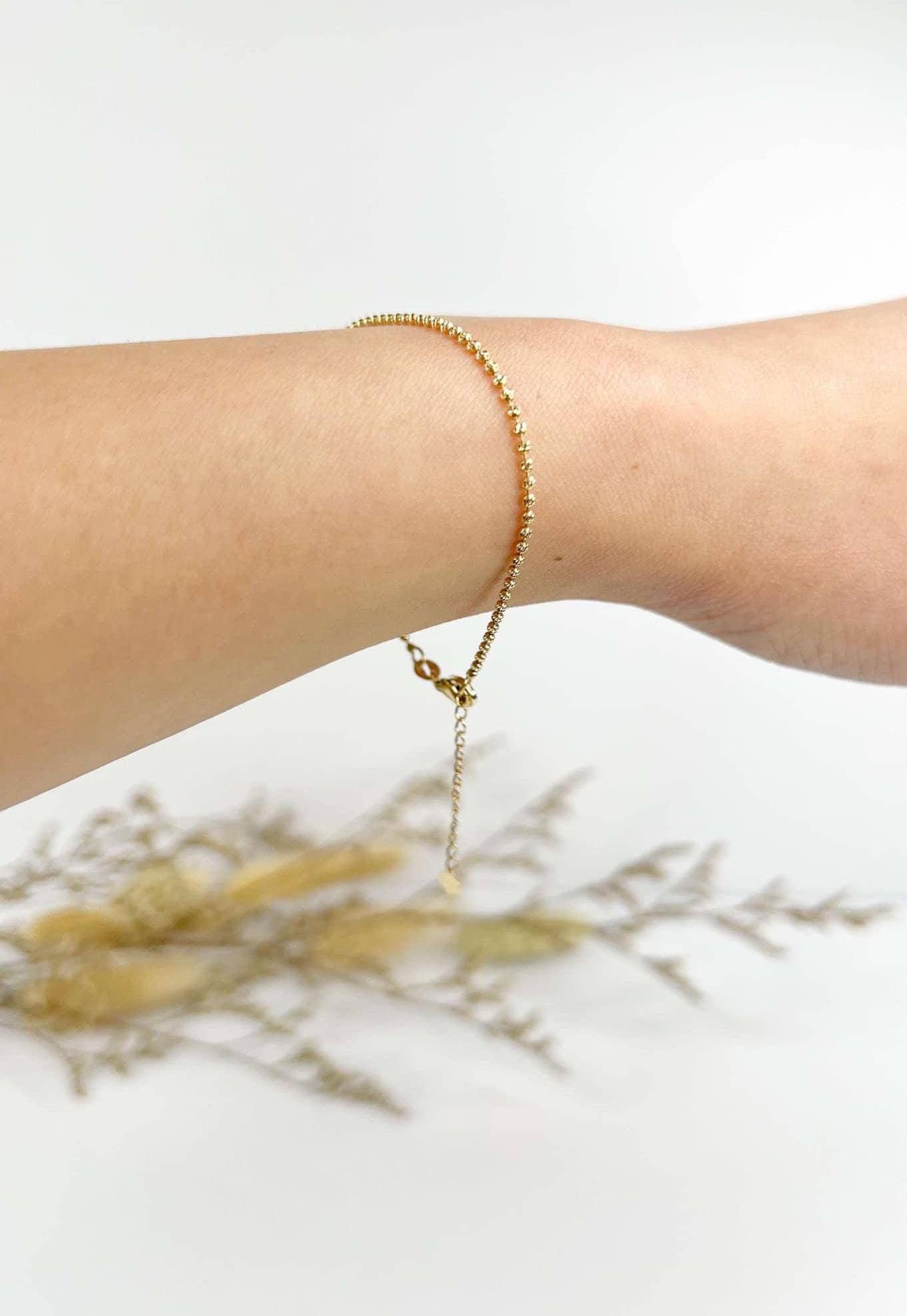 18K Solid Gold Sparkly Full Beaded Bracelet, Dainty Sparkly Textured Jewelry
