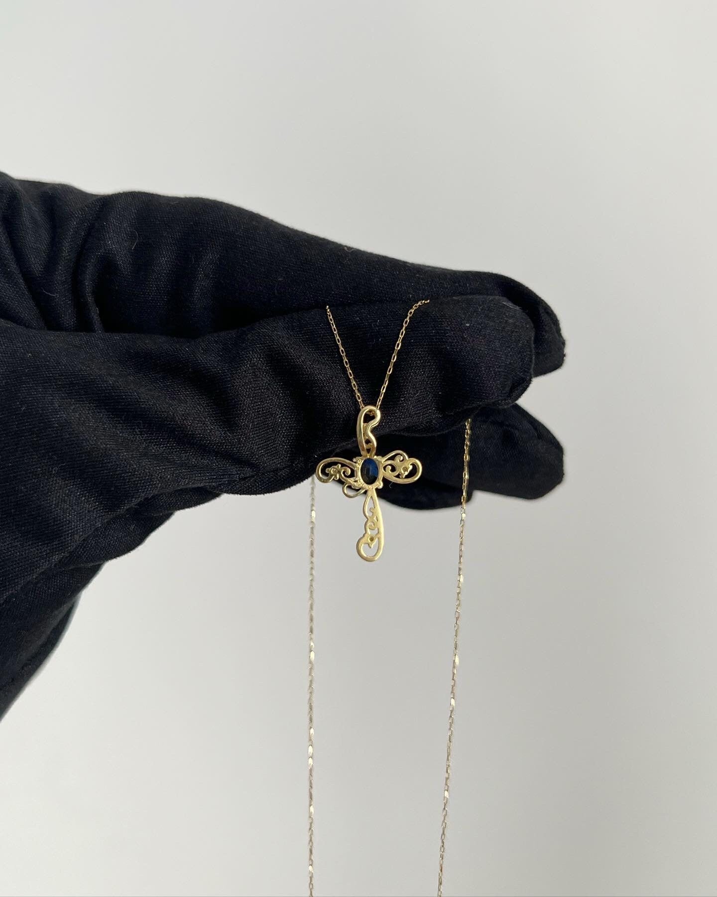 18K Solid Gold Cross Necklace, Diamond Sapphire, Dainty Religious Jewelry