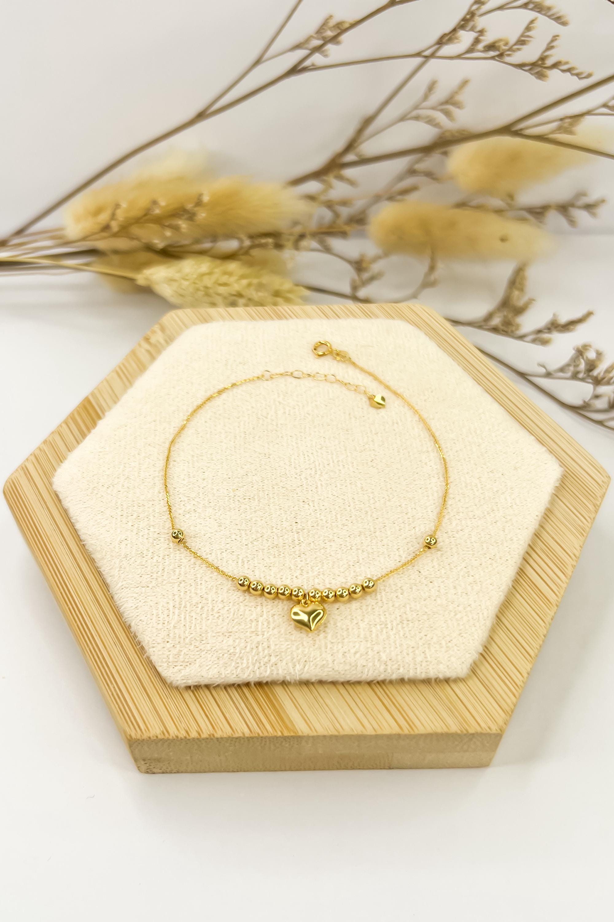 18k Solid Gold Beaded with Heart Centre Piece Charm Bracelet - Unique - Au750 - Yellow Gold - Ideal Gift for Her - Best Gift for her