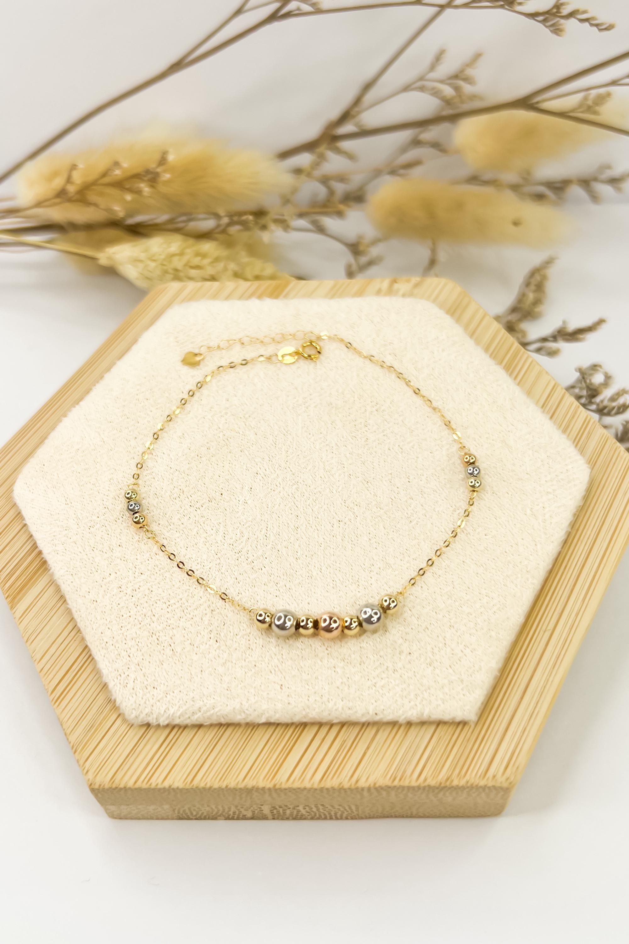 18k Solid Gold Tricolour Beaded Centre Piece Bracelet - Unique - Au750 - Yellow/White/Rose Gold - Ideal Gift for Her -Dainty - Birthday Gift
