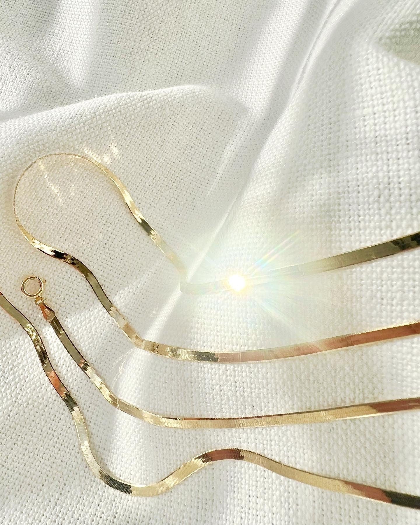 18K Solid Gold Flat Herringbone Chain Bracelet Necklace, 2.5mm Dainty Minimalist Jewelry