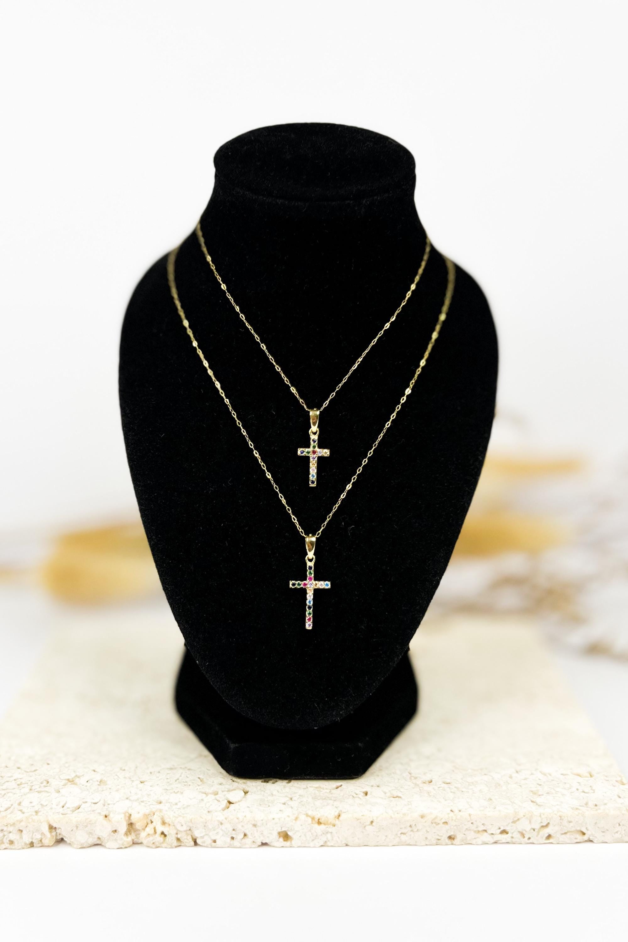 18K Solid Gold Cross Necklace, Moissanite Multi-Gem Charms, Dainty Religious Jewelry