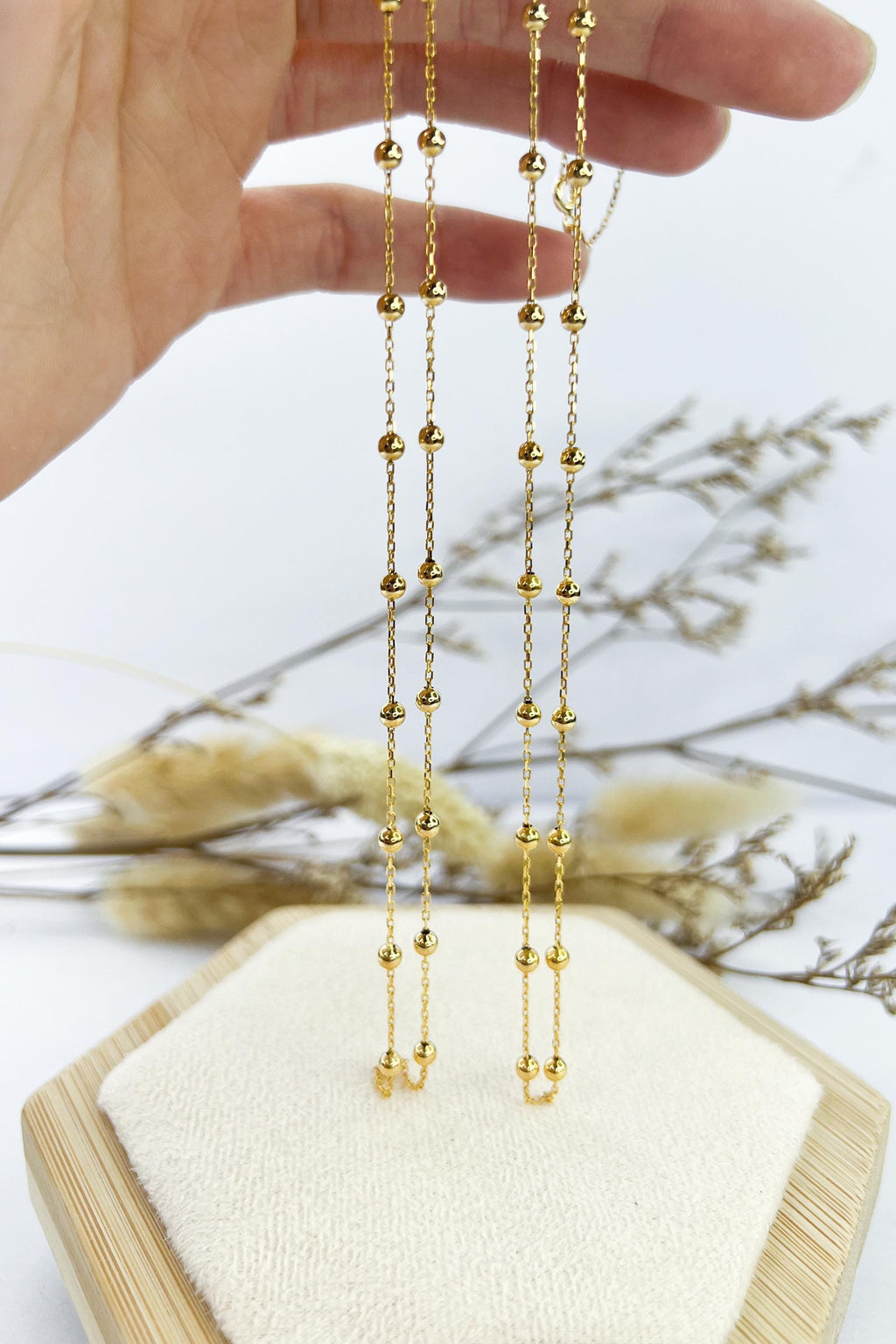 18K Solid Gold Station Necklace - K18 - 17.5 inches - Collarbone Necklace - Gift for Her - Birthday Gift for Her, Ideal Gift for Her