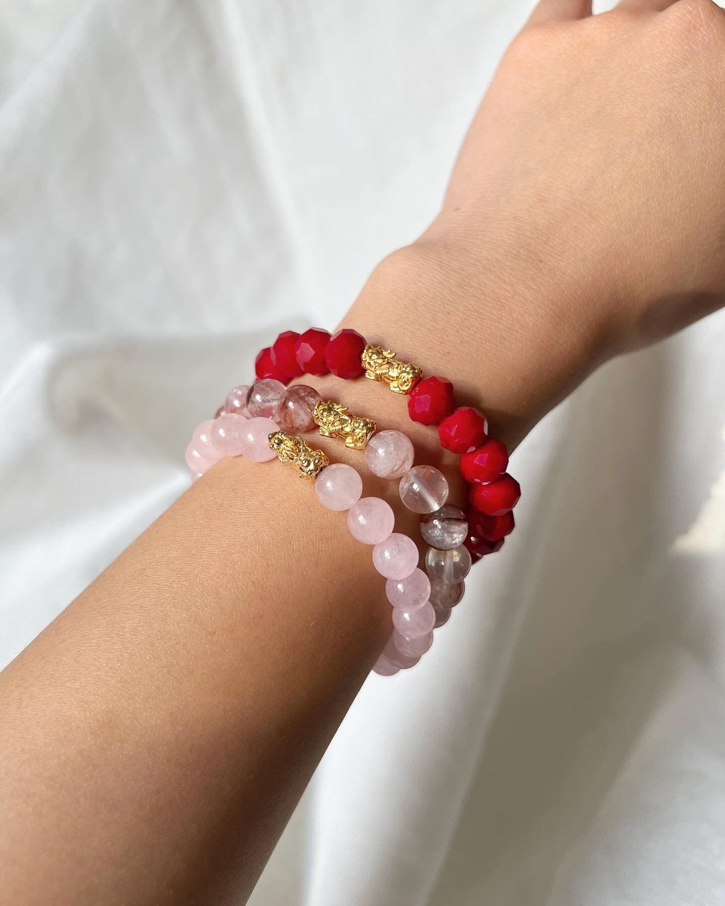 18K Gold Tiger Charm Bracelet, Rose Quartz, Red Coral, Lucky Gemstone Jewelry