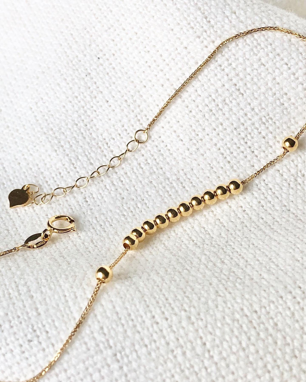 18K Solid Gold Running Beads Bracelet, Dainty Adjustable Minimalist Jewelry