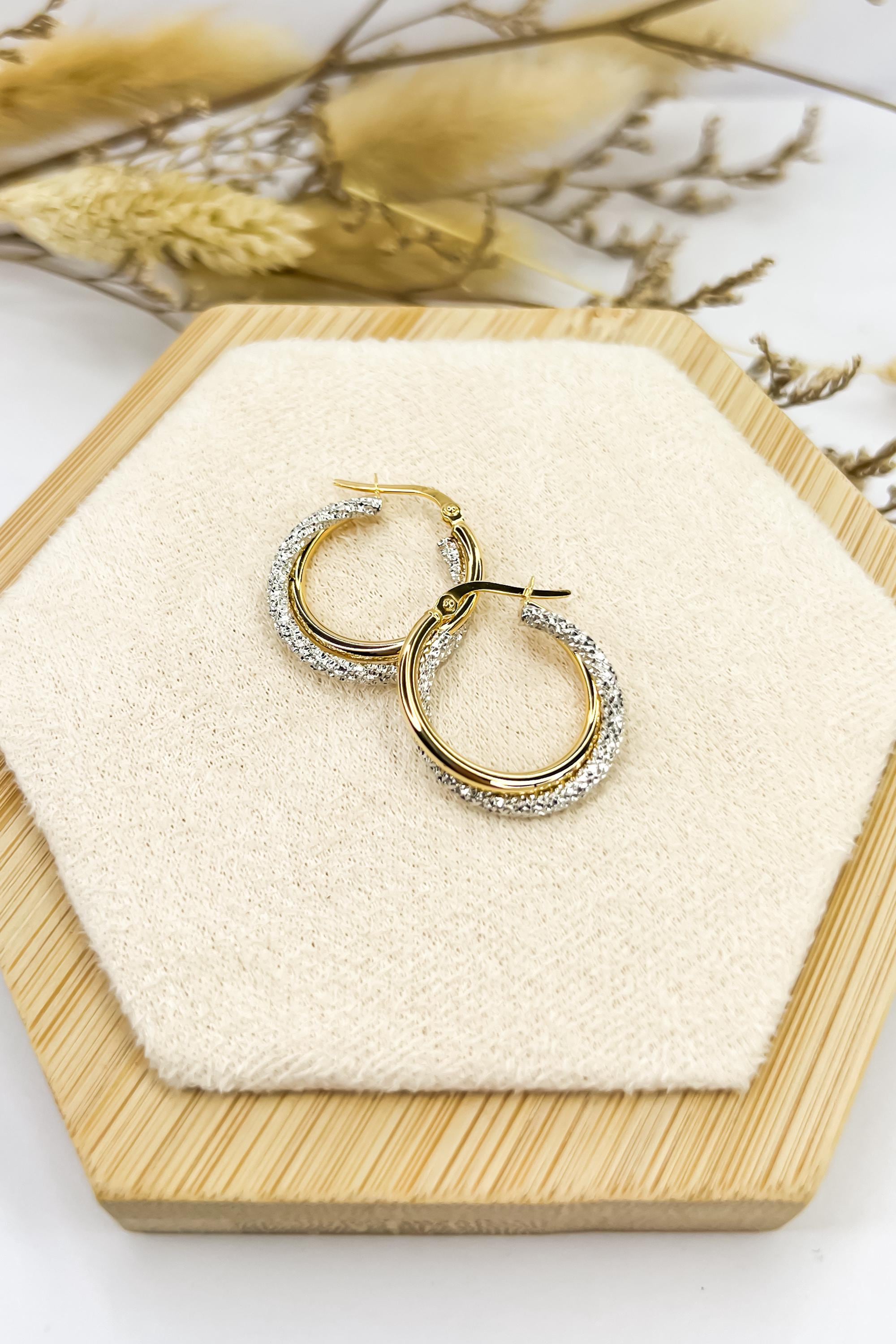 18K Solid Gold Two-Tone Hoop Earrings - Unique - Au750 - 15mm  Birthday Gift - Christmas Gift - Gift for Her - Bestseller Gift