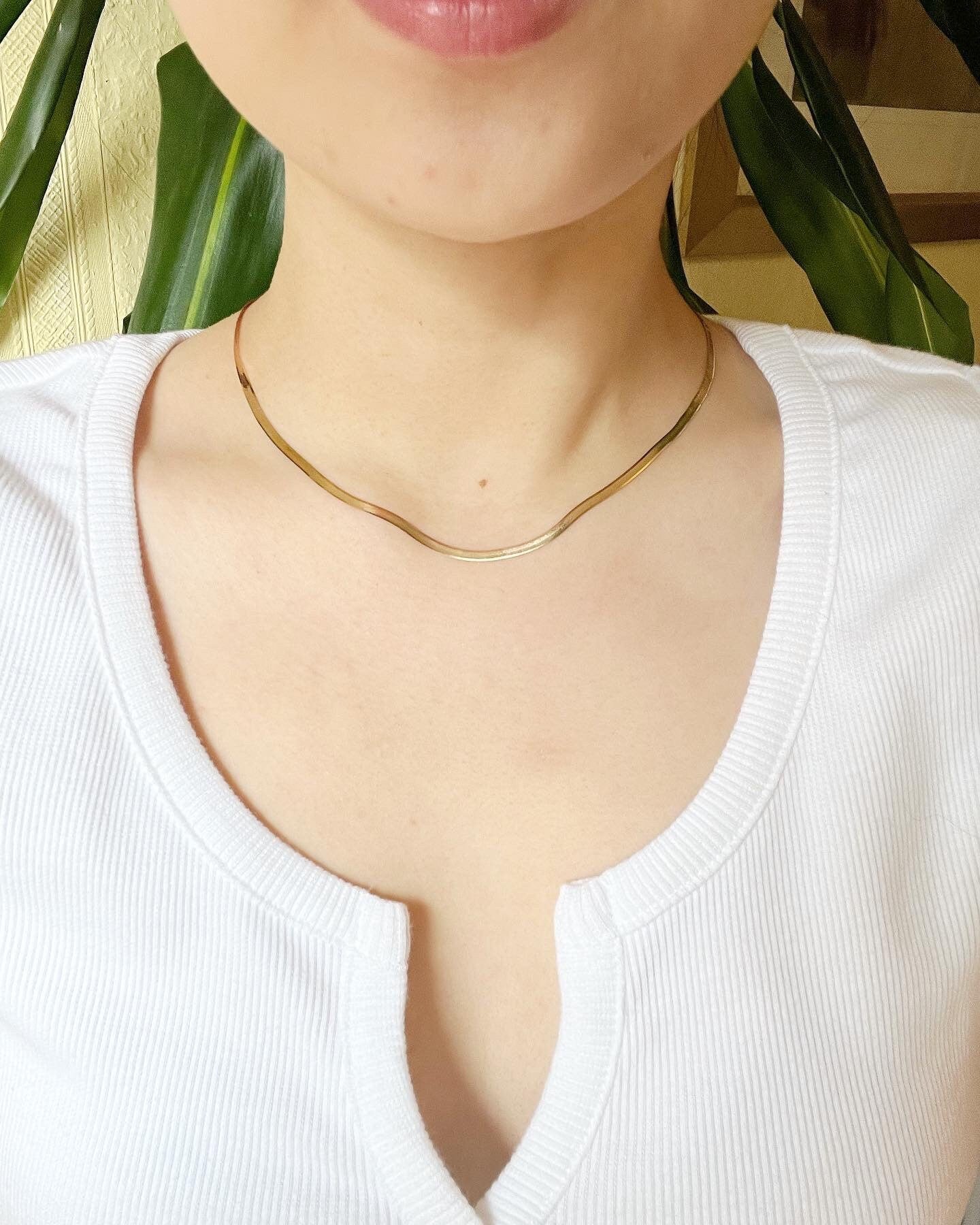18K Solid Gold Flat Herringbone Chain Bracelet Necklace, 2.5mm Dainty Minimalist Jewelry