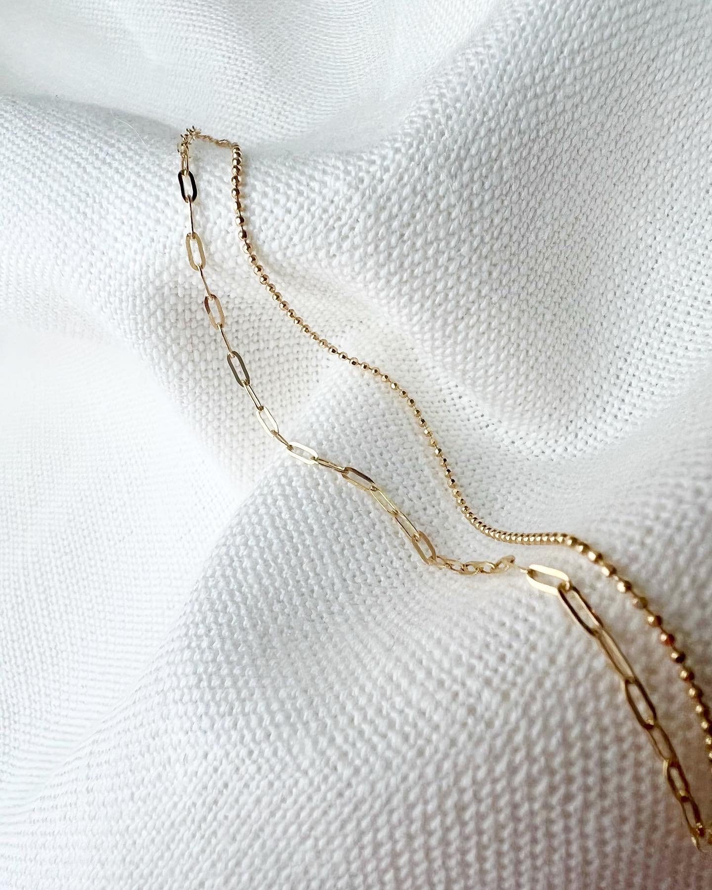 18K Solid Gold Double Strand Paperclip Beaded Bracelet, Dainty Layered Minimalist Jewelry