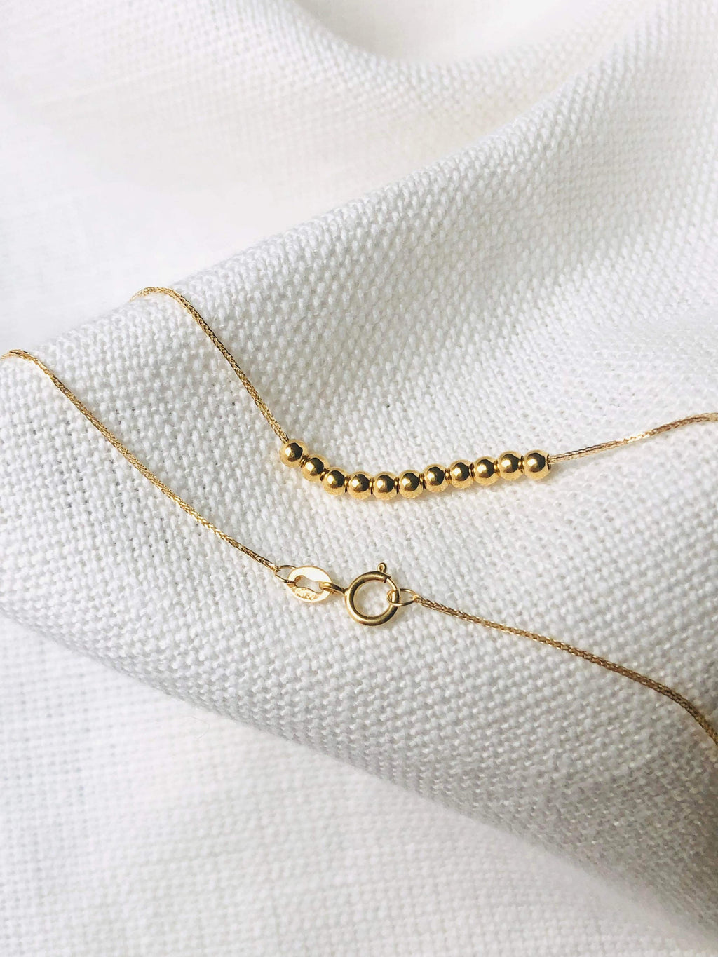 18K Yellow Gold Running Beads Necklace, Minimalist Dainty Chain, Solid Gold Jewelry