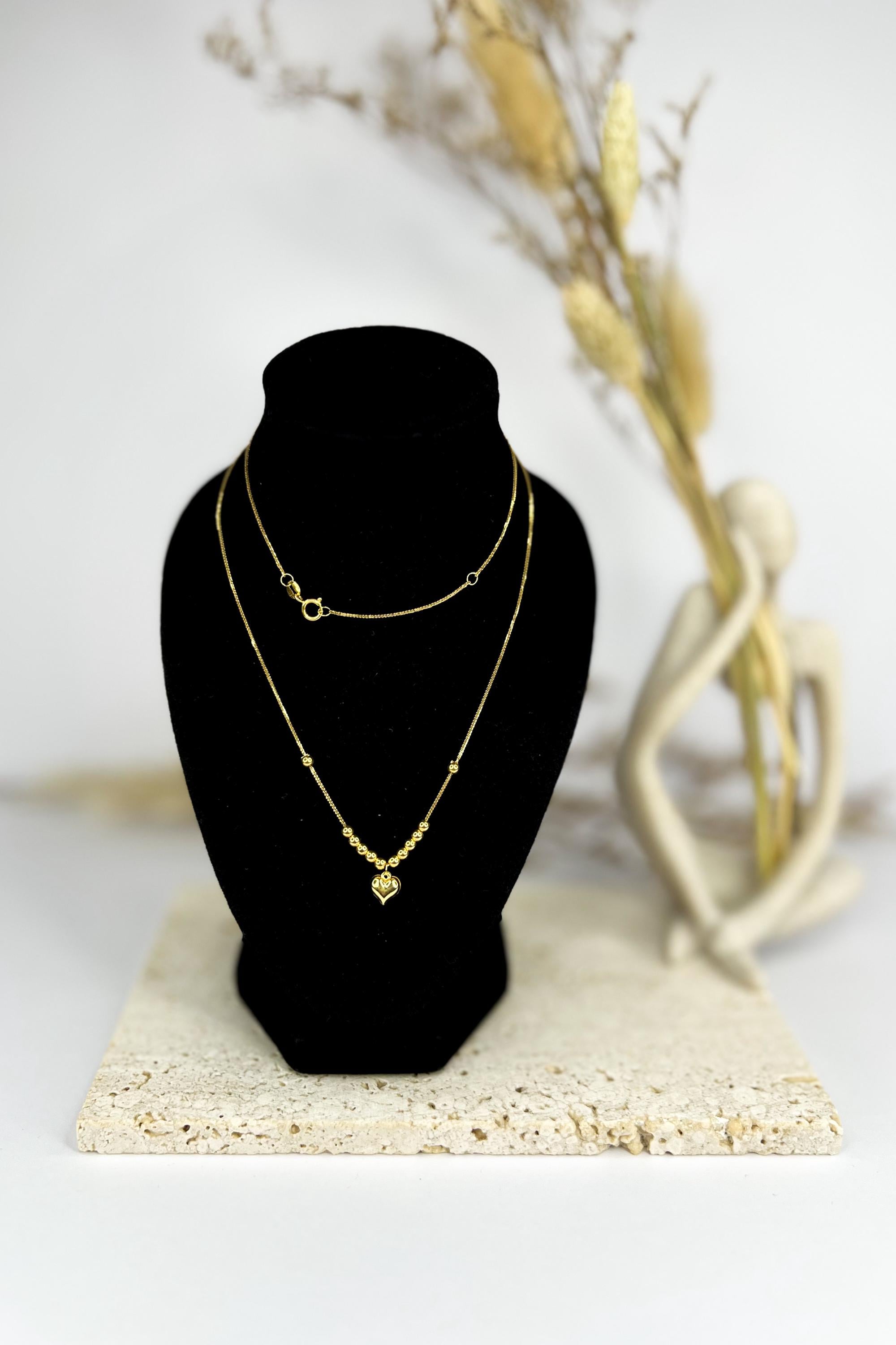 18K Solid Gold Heart Necklace, Beaded Chain, Non- Adjustable Length, Au750 Hallmark