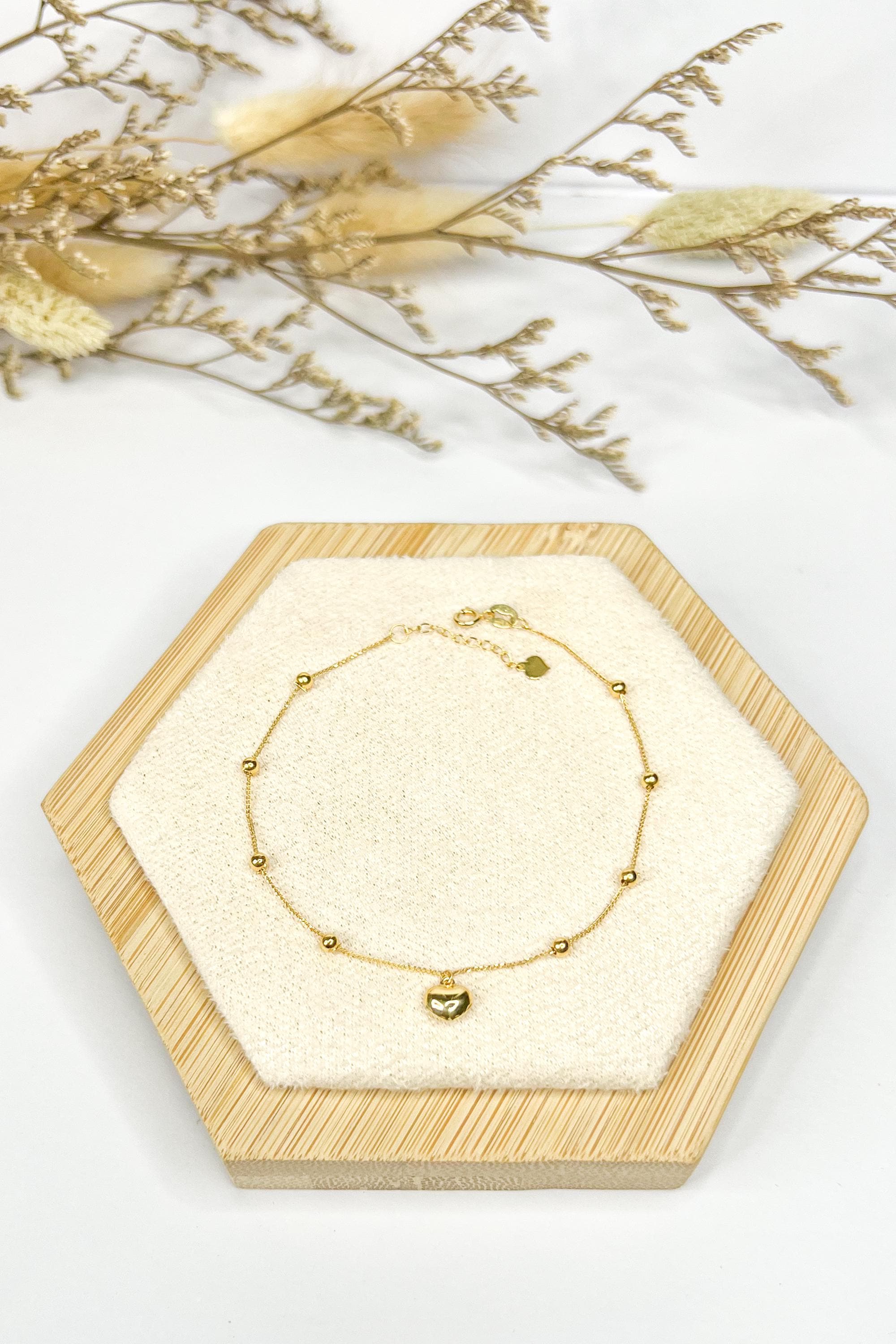 18K Solid Gold Beaded Heart Charm Bracelet, Minimalist Adjustable Jewelry