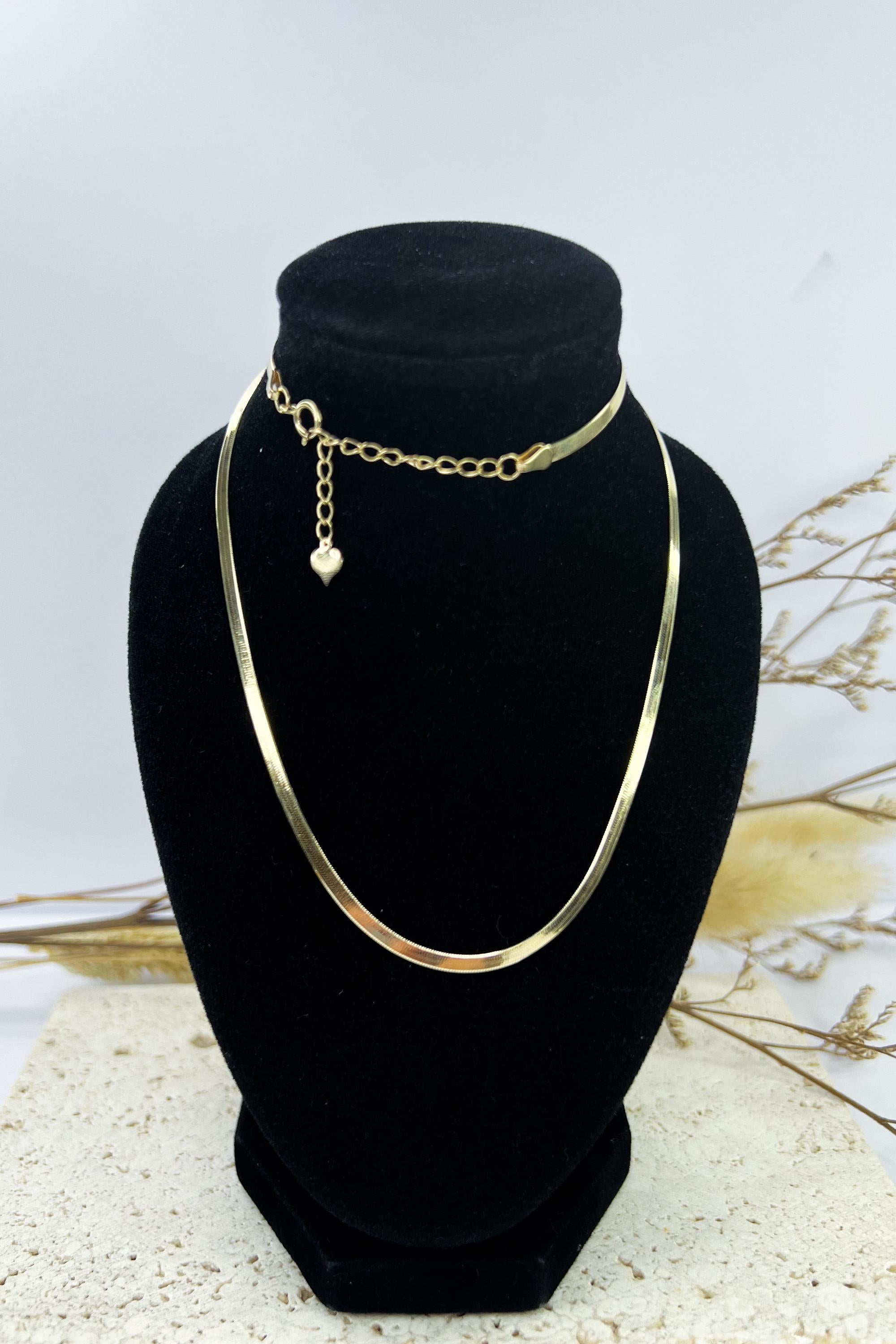 18K Solid Gold Herringbone Chain Necklace, 2.5mm Dainty Layering Jewelry (15.5-17.25 inches)